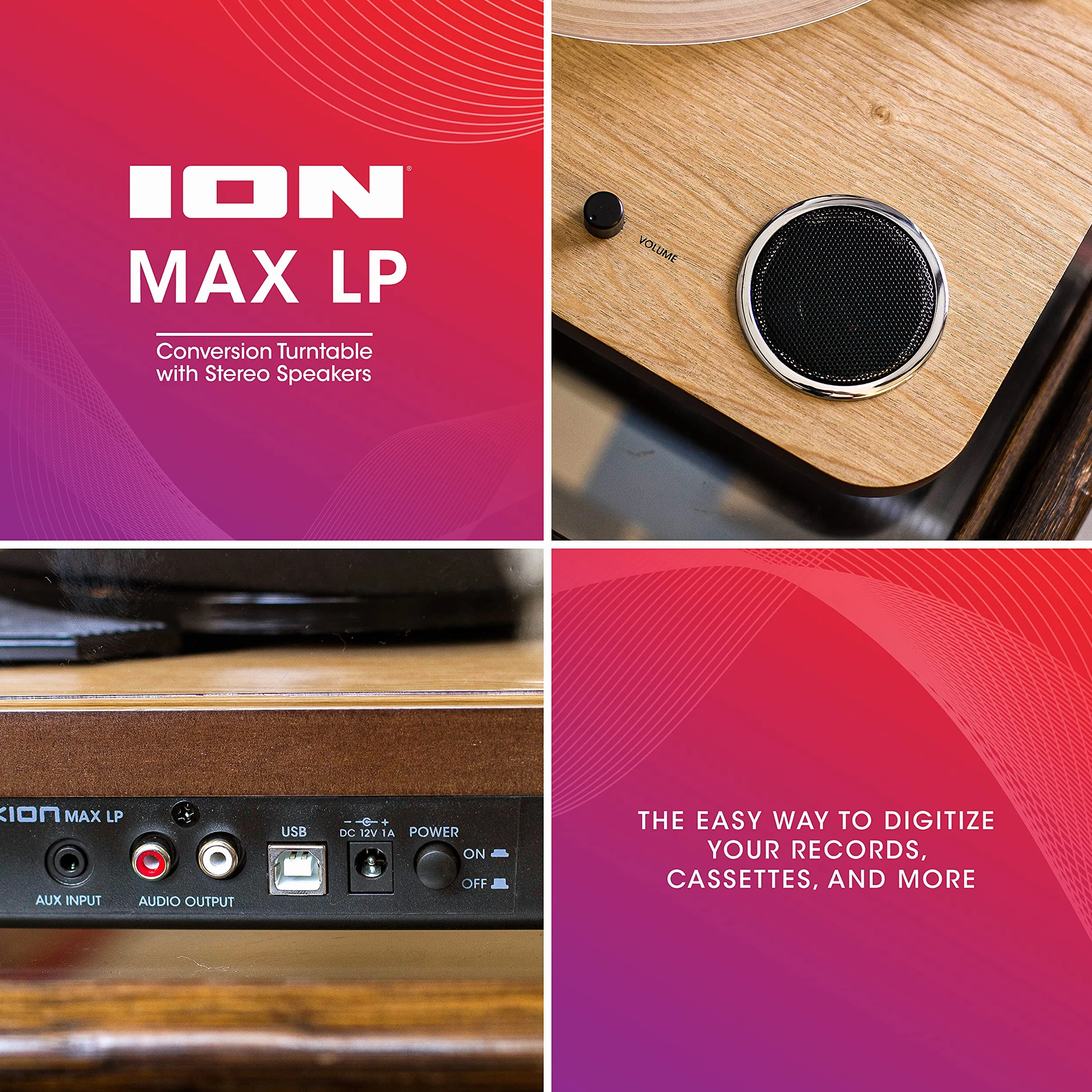 ION Audio Max LP Gramofon z wbudowanymi głośnikami wyjście USB drewno naturalne