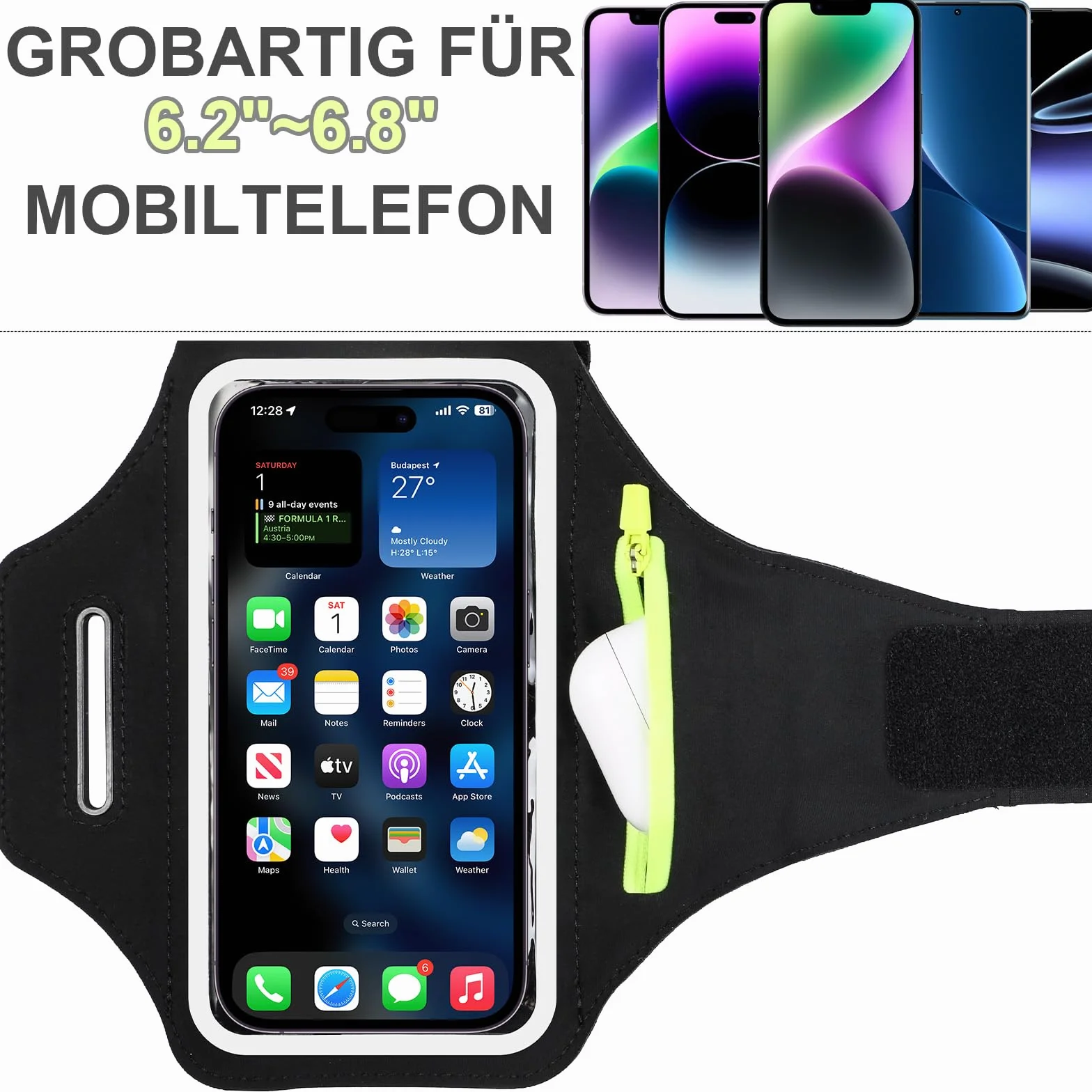 Opaska sportowa z kieszenią na słuchawki, wodoodporna opaska na ramię z uchwytem na telefon, pasuje do iPhone 16/15/14/13 Pro, Galaxy S25/S24/S23, Huawei, Xiaomi, Pixel do 6,8"