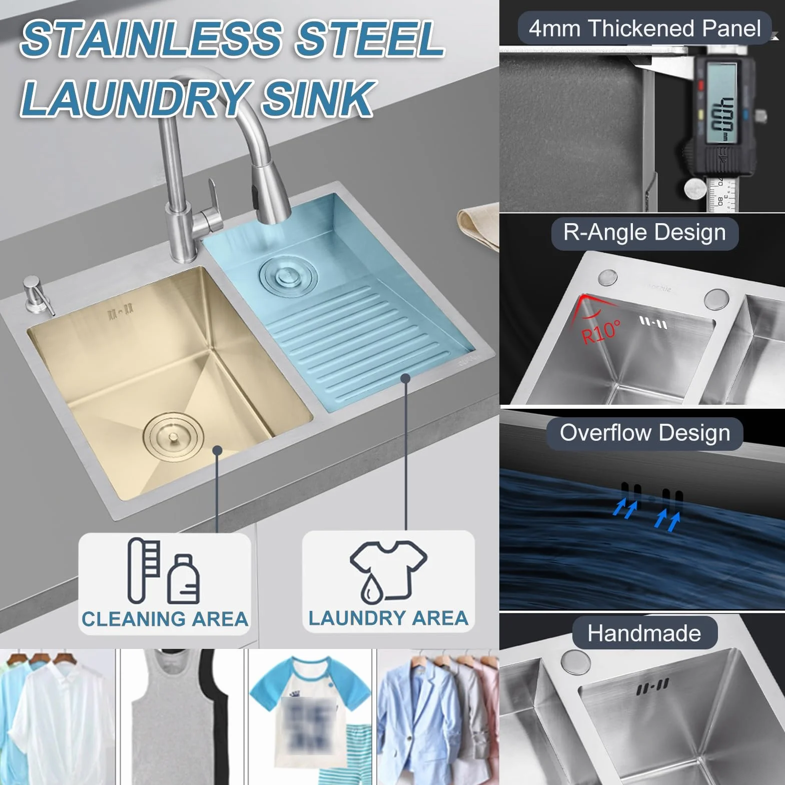 Bathroom Double Bowl Laundry Sink,Household Stainless Steel Laundry Sink,Wash Basin With Washboard,Pull-out Faucet,Easy To Clean (Color : Right, S : 80x48x22cm)