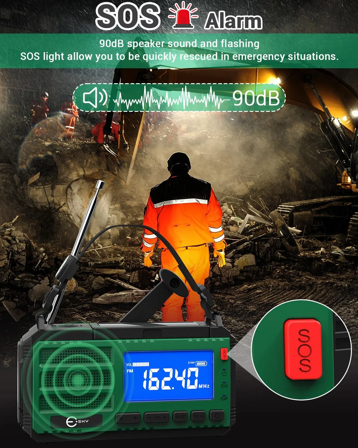 Esky 10000 mAh radio awaryjne AM/FM z powerbankiem, latarką, lampą do czytania, alarmem SOS i kompasem, ładowanie USB/słoneczne/korbą ręczną