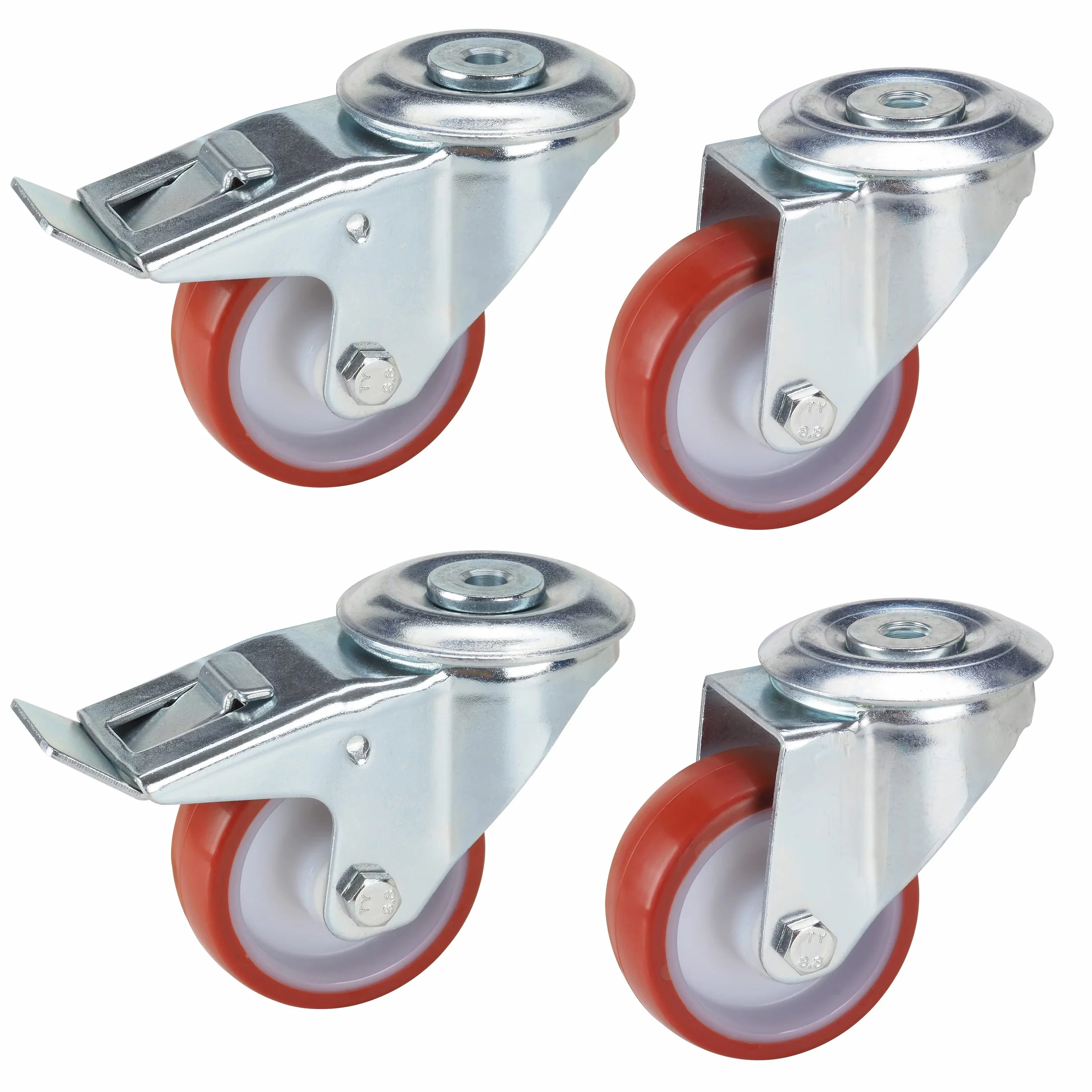 Dörner + Helmer Zestaw 4 kółek do urządzeń transportowych 80 mm PU, otwór na plecy 10,2 mm, mieszanka kółek, nośność 400 kg/zestaw