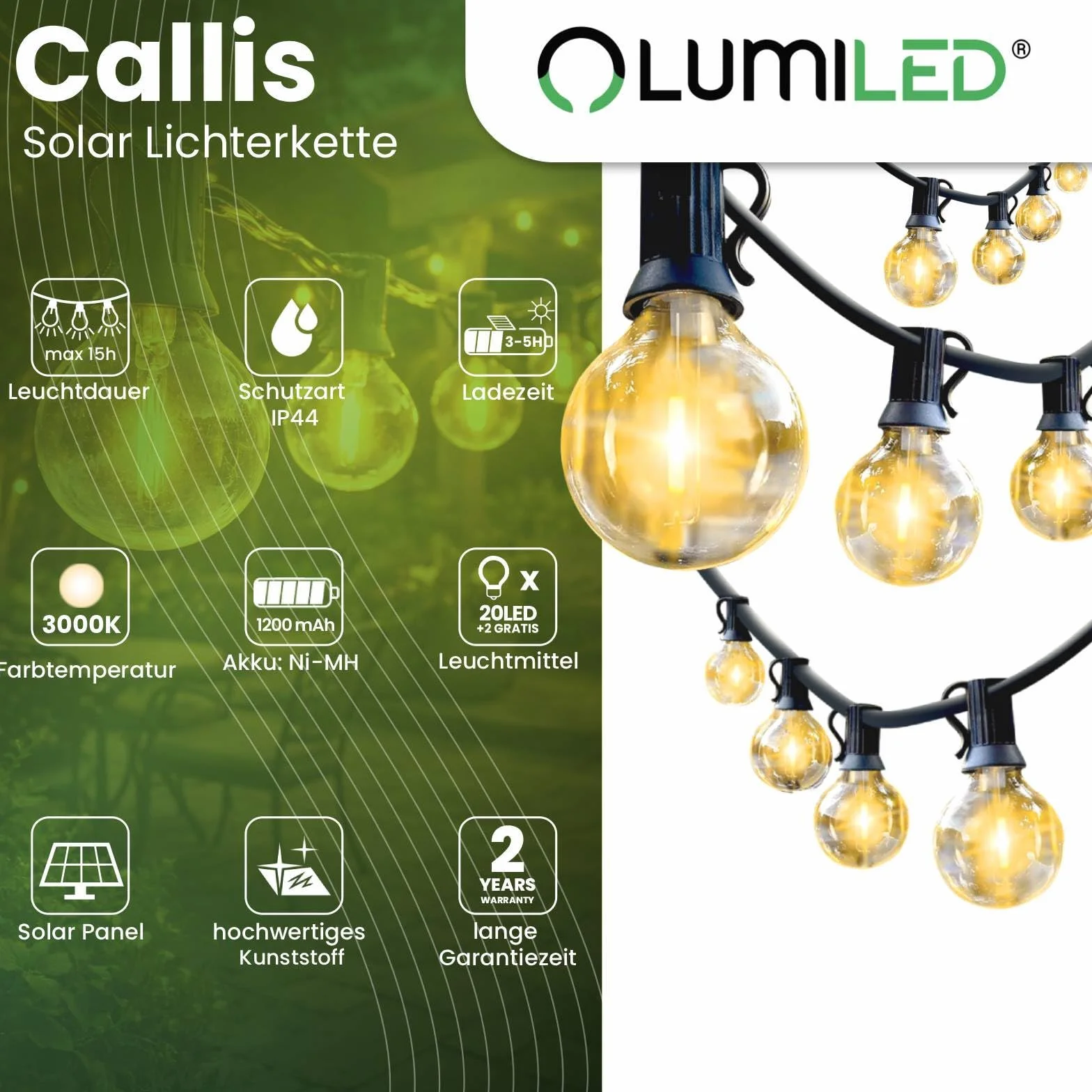 Lumiled Solarny łańcuch świetlny na zewnątrz 20 + 2 żarówki zapasowe x G40 LED 10,55 M z pilotem Solarny łańcuch świetlny Oświetlenie ogrodowe na zewnątrz IP44 Ciepła biel 2700K Żarówki 8 trybów pracy