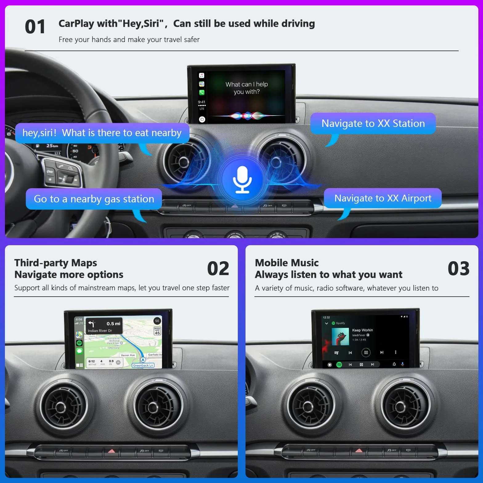 Road Top Bezprzewodowy Carplay Android Auto dla Audi A3 2013-2018 Rok, Dekoder zestawu modernizacyjnego Carplay, Obsługa Siri Mirror Link, Kamera wsteczna, Nawigacja