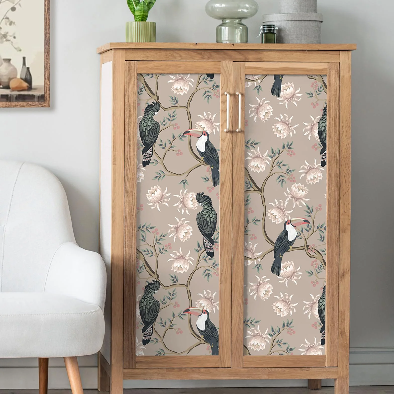 VEELIKE Tapeta kwiatowa z zakurzonymi różowymi ptakami, vintage chinoiserie, samoprzylepny papier kontaktowy z motywem liści, egzotyczna botaniczna sztuka ścienna, wzorzysty tropikalny mural ścienny
