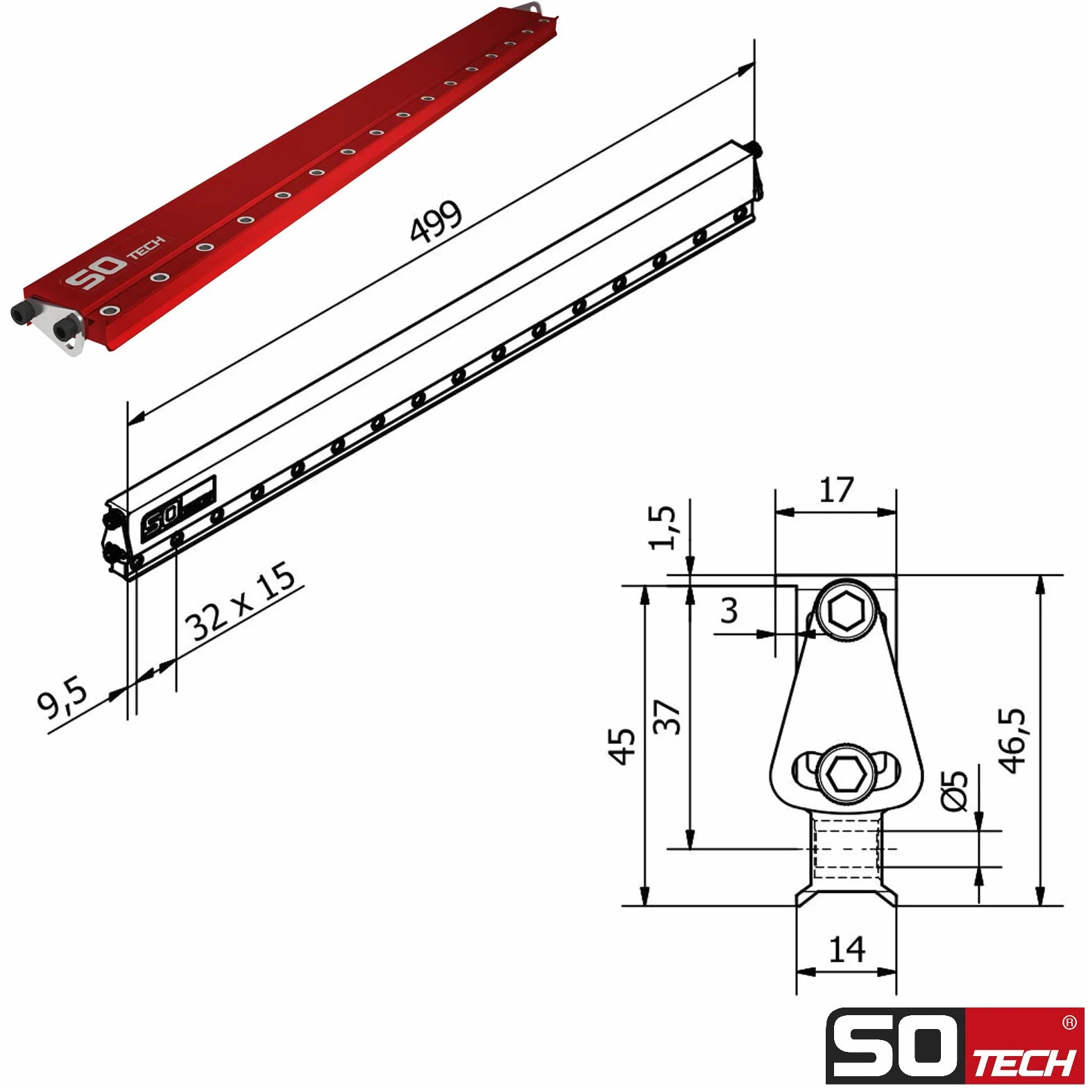 SOTECH Precyzyjna szablona wiertarska z aluminium BS-32-500 (499 x 46,5 x 17 mm) Szablon wiertarka do otworów w odstępach 32 mm, uchwyty dna, płyty montażowe do taśm doniczkowych i wyciągi do szuflad