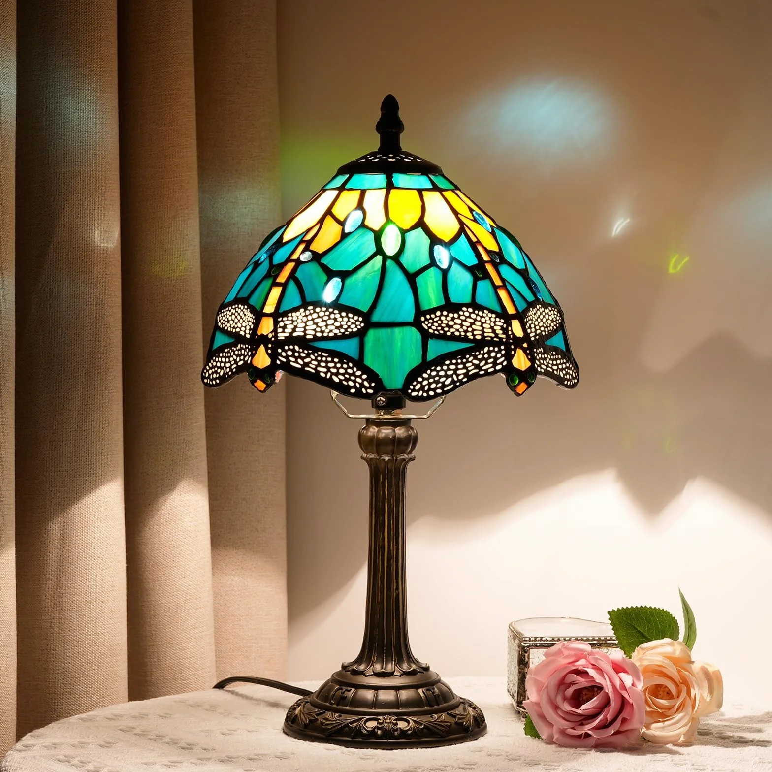 Tiffany lampa witrażowa ważka zielona sypialnia lampa stołowa lampka na biurko do czytania lampka na stolik nocny salon biuro akademik jadalnia dekoracja prezent 20 x 20 x 35 cm