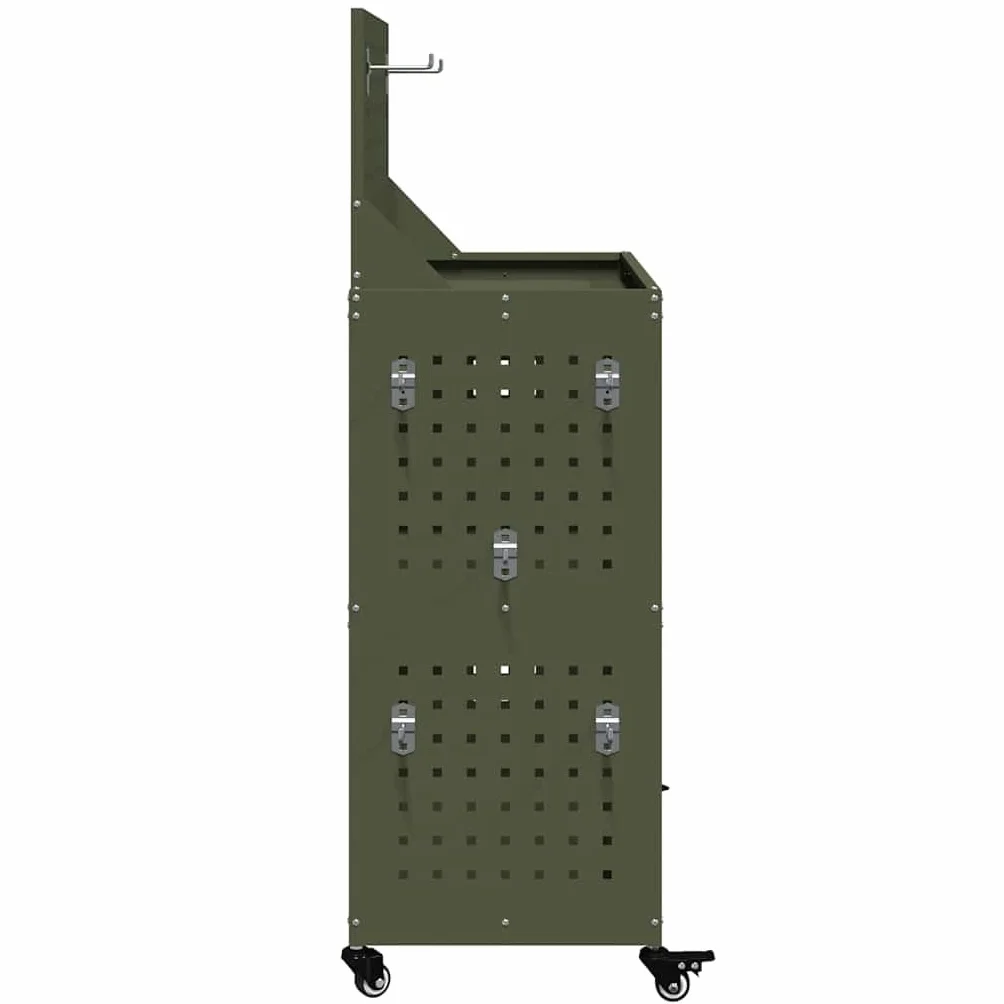 Wózek narzędziowy, oliwkowy, zielony, ze stali walcowanej na zimno, 65 x 35 x 111 cm, z 3 półkami i 12 haczykami, mobilna szafa warsztatowa do garażu, warsztatu i dla majsterkowiczów do