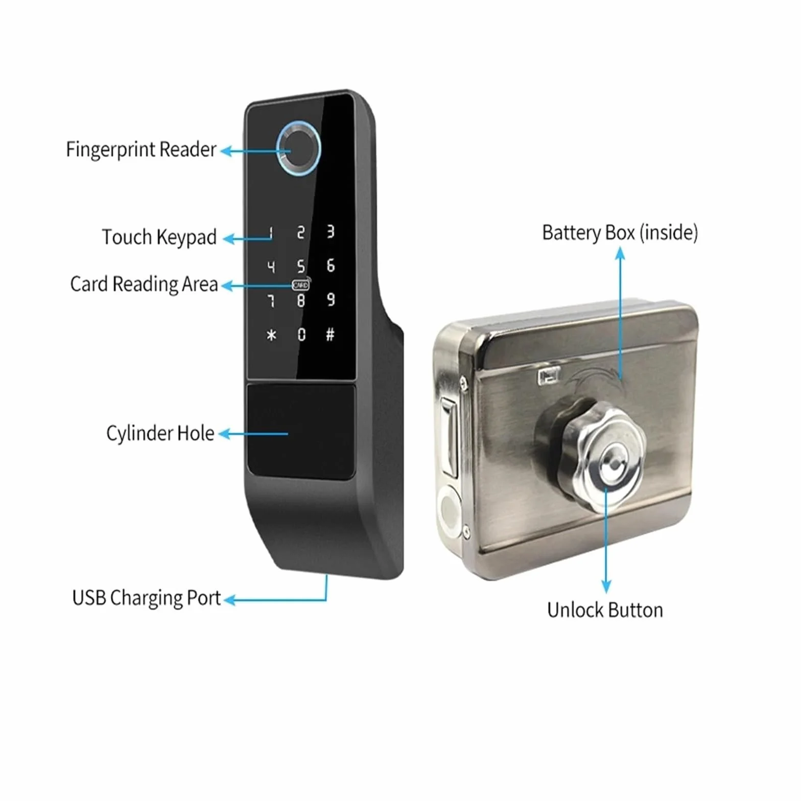 Wodoodporny, inteligentny zamek do drzwi z czytnikiem linii papilarnych, brama zewnętrzna Bluetooth, zasuwka na hasło + klucz mechaniczny(A)