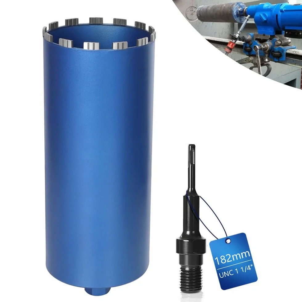 Diamentowa koronka wiertnicza pogłębiacz puszek do wiertarek rdzeniowych w zestawie 10 mm Turbo, L 460 mm | Ø 182 mm | adapter SDS-PLUS | 1 ¼ cala UNC | Wiertło rdzeniowe na mokro i sucho wiertło