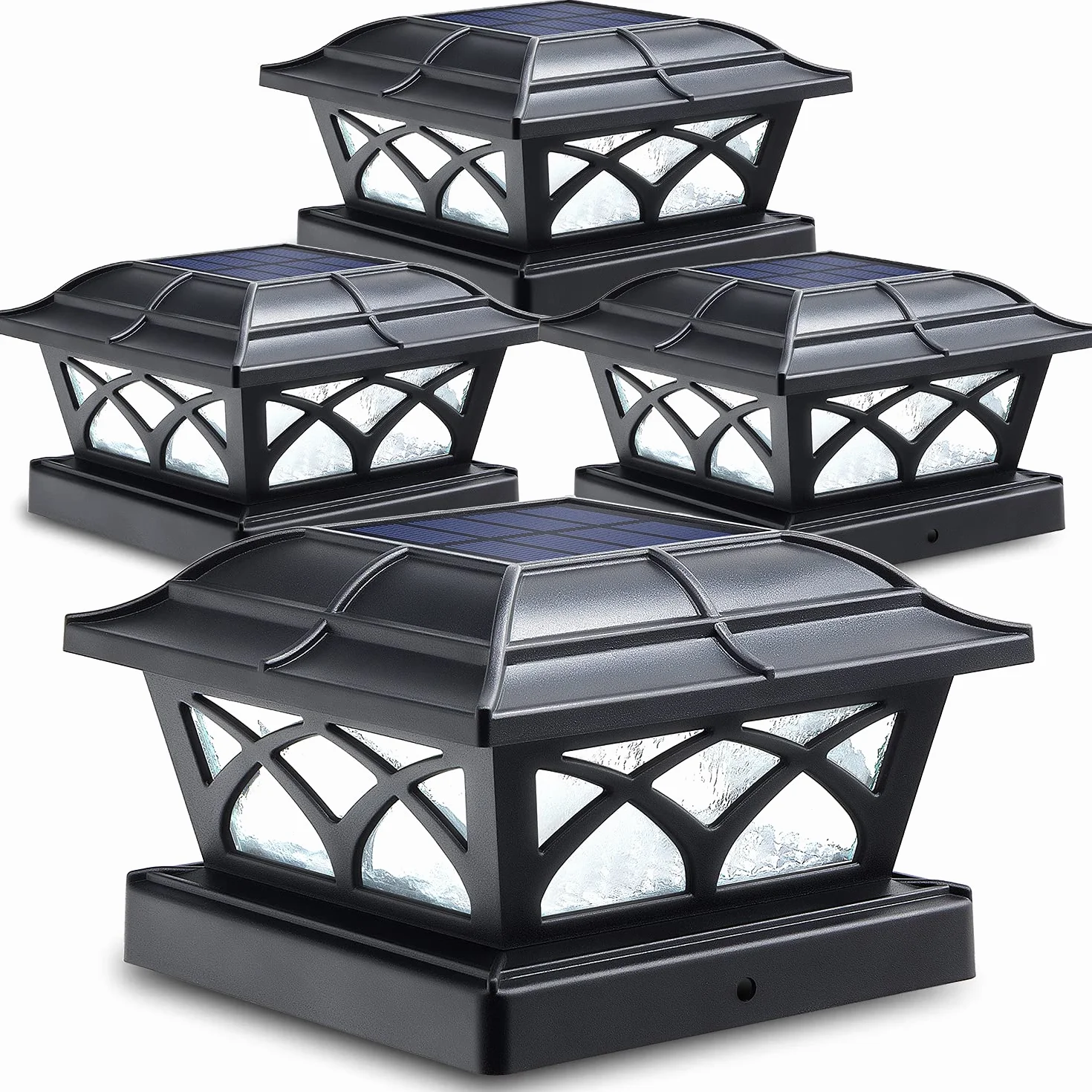 Siedinlar Solarne lampki na słupki zewnętrzne, 2 tryby zasilane energią słoneczną, wodoodporne oświetlenie tarasowe do słupków ogrodowych na patio 4 x 4, 5 x 5, 6 x 6, dekoracja na patio, ciepła biel i zimna biel, czarna (4 sztuki)