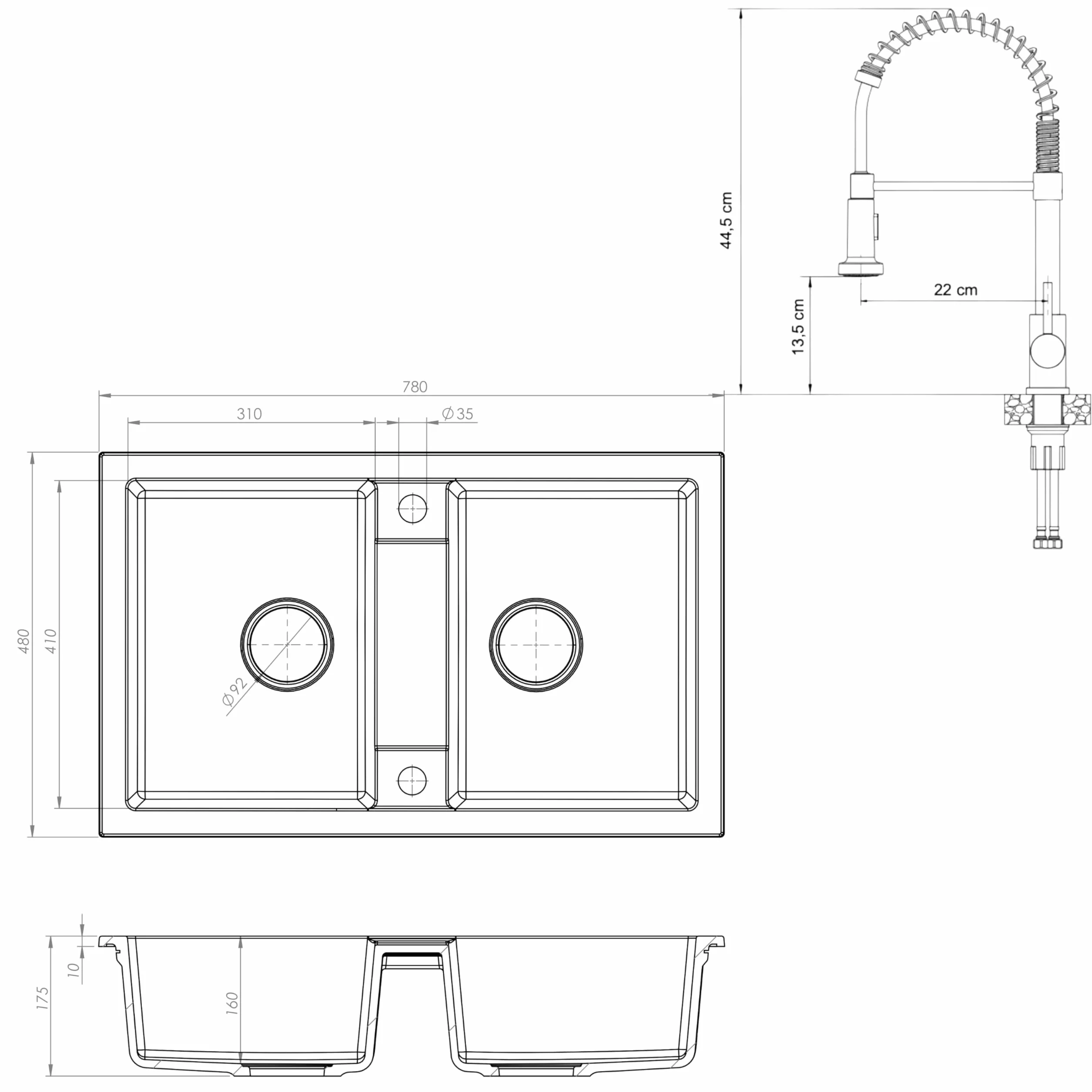 SINK QUALITY podwójny zlew szary z armaturą, zlewozmywak granitowy podwójny 78 x 48 cm, podwójny zlewozmywak z syfonem i substancją impregnującą, 2 umywalki zlewozmywaki kuchenne od 80