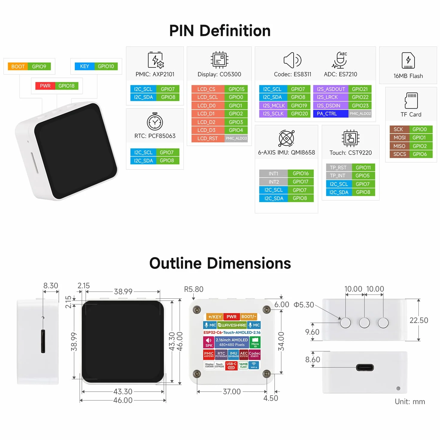 Waveshare ESP32-C6 2.16inch AMOLED Display Touch Screen Development Board 480x480 16.7M Color Wi-Fi 6 BLE 5