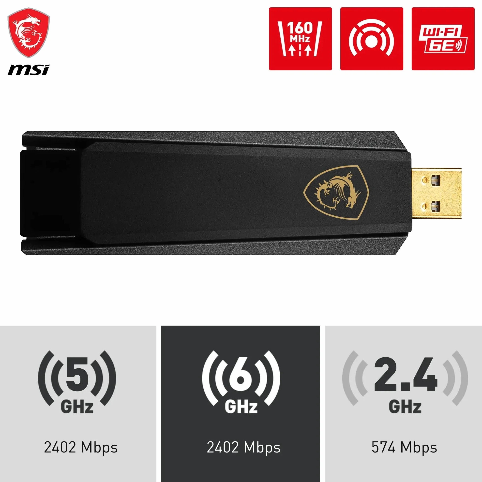MSI AXE5400 trójpasmowy adapter USB WiFi 6E do 5400 Mb/s 6 GHz 5 GHz 2,4 GHz USB 3.2 Gen 1 typu A MU-MIMO WPA3