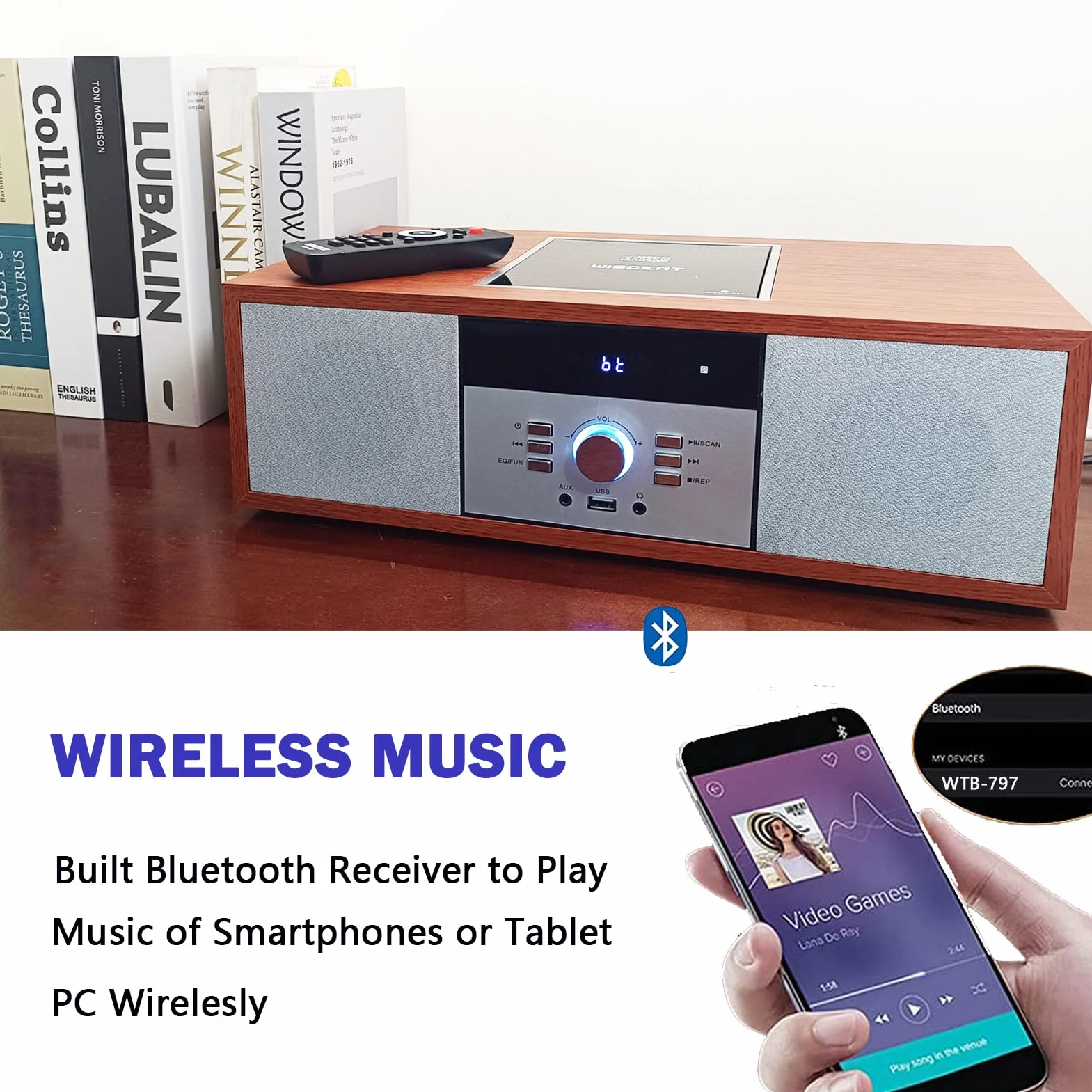WISCENT Vintage Micro HiFi System Odtwarzacz CD Bluetooth Radio FM USB Aux-in