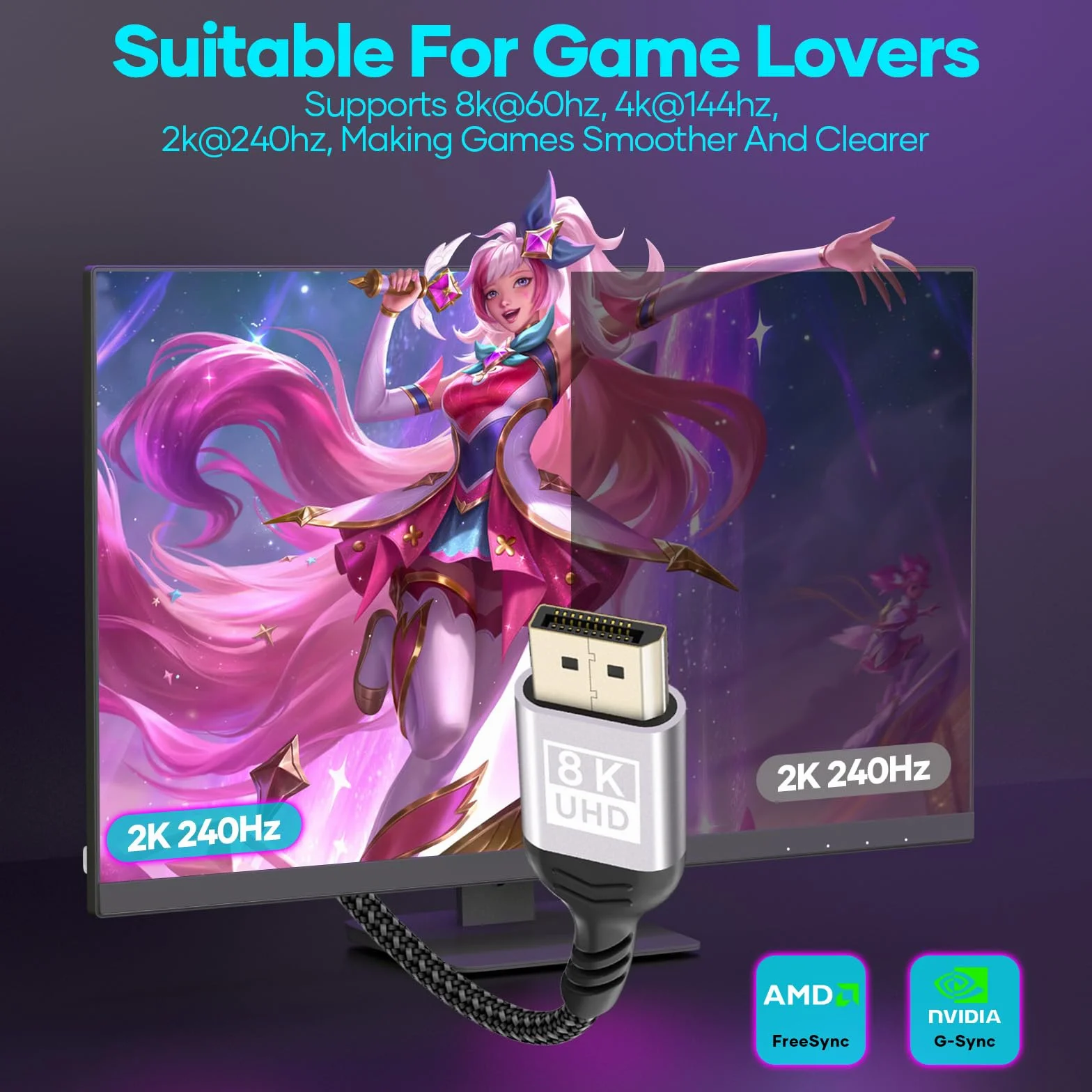 Kabel DisplayPort 1.4 5M, nylonowe złącza kabla DP wsparcie 8K przy 60 Hz, 4K przy 144 Hz / 120 Hz / 60 Hz / 2K przy 240 Hz / 165 HZ G-Sync i FreeSync / 32,4 Gbit/s/HDR10/HDCP2.2 DisplayPort-kabel do