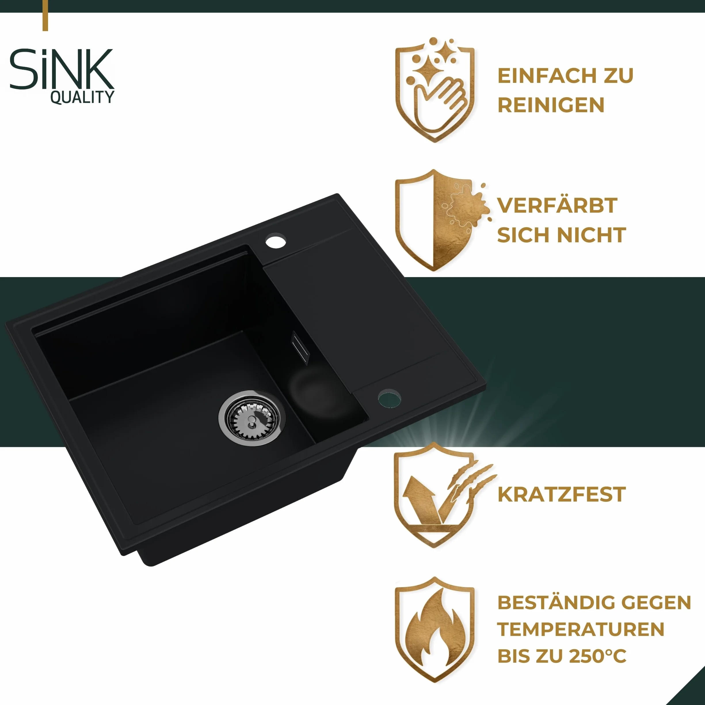 Zlewozmywak empiria SINK QUALITY granitowy czarny z złotymi plamami 62x46 - zlewozmywak z złotym syfonem, podstawka do spuszczania wody, środek do impregnacji - zlewozmywak kuchenny z powierzchnią do