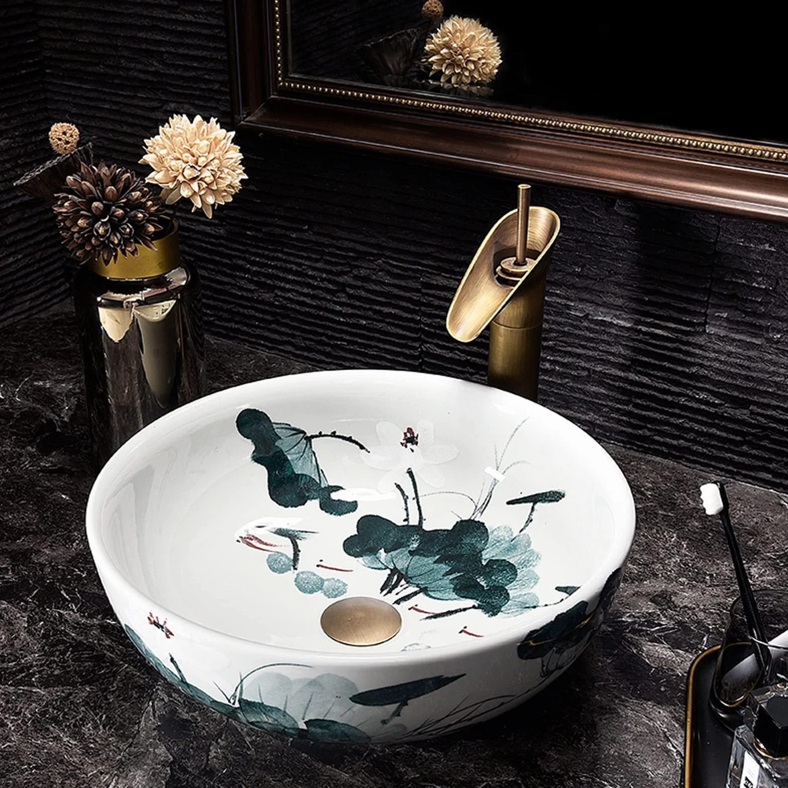 Umywalki Łazienkowe Nablatowe, Ceramiczne, Umywalki Łazienkowe Nablatowe, Okrągłe, Porcelanowe, W Kolorze Niebieskim I Białym, Umywalki Nablatowe Z Motywem Lotosu, Umywalki Ła