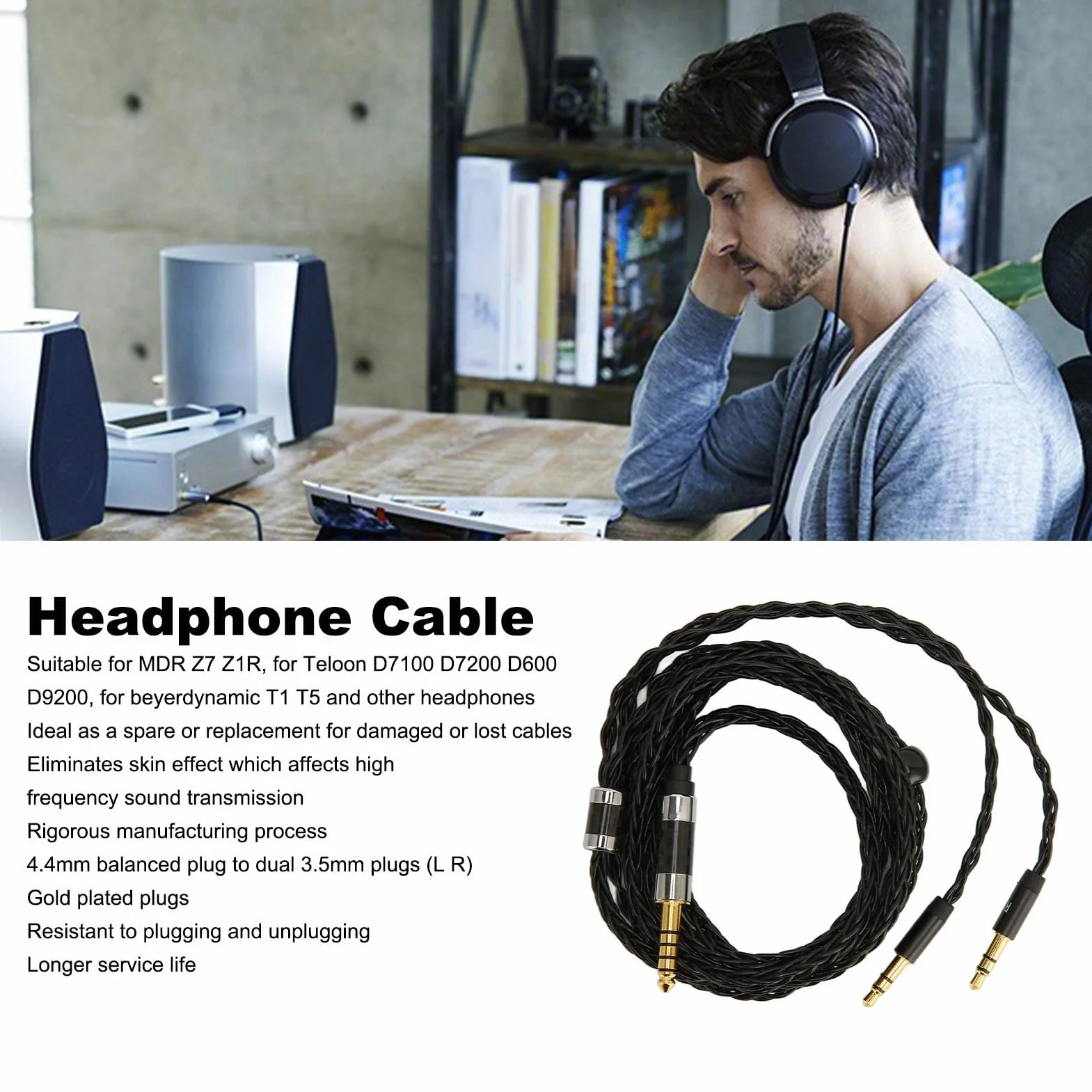 Kabel Audio 8-żyłowy Zbalansowany 4,4 mm do Podwójnego 3,5 mm Posrebrzany 1,2 m do MDR Z7 Z1R Beyerdynamic T1 T5
