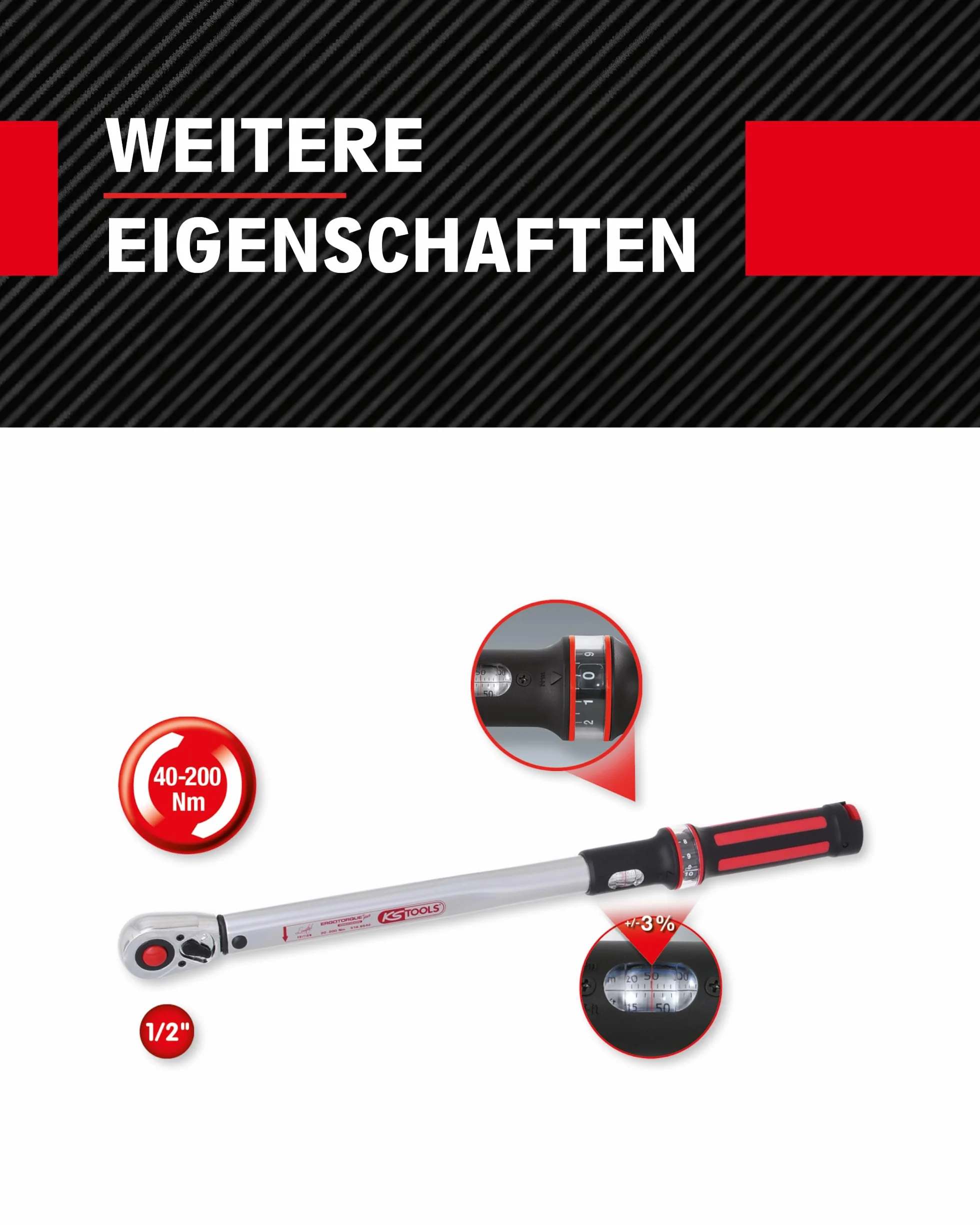 KS Tools 516.6542 ERGOTORQUE®precision Klucz dynamometrz przelacz glow grzechotk 40-200Nm, 1/2"