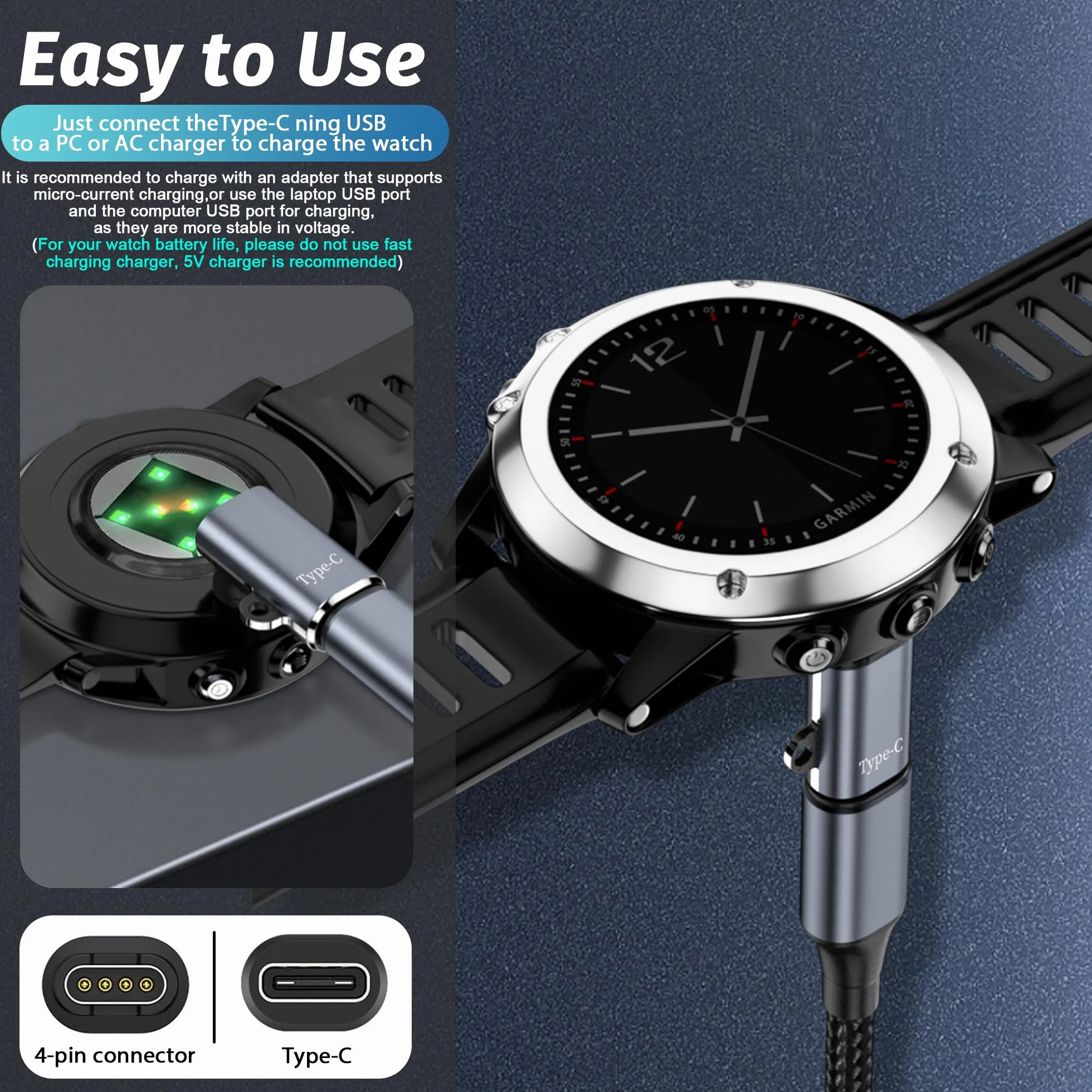NEWZEROL 4 adaptery USB C, kompatybilne z zegarkiem Garmin typu C, kabel do ładowania, adapter do Garmin Venu 4 / Venu 3/2S, Epix2, Forerunner 970/960/265/165/255, Fenix 8/ 8Pro, 8 Solar / 7 / 6