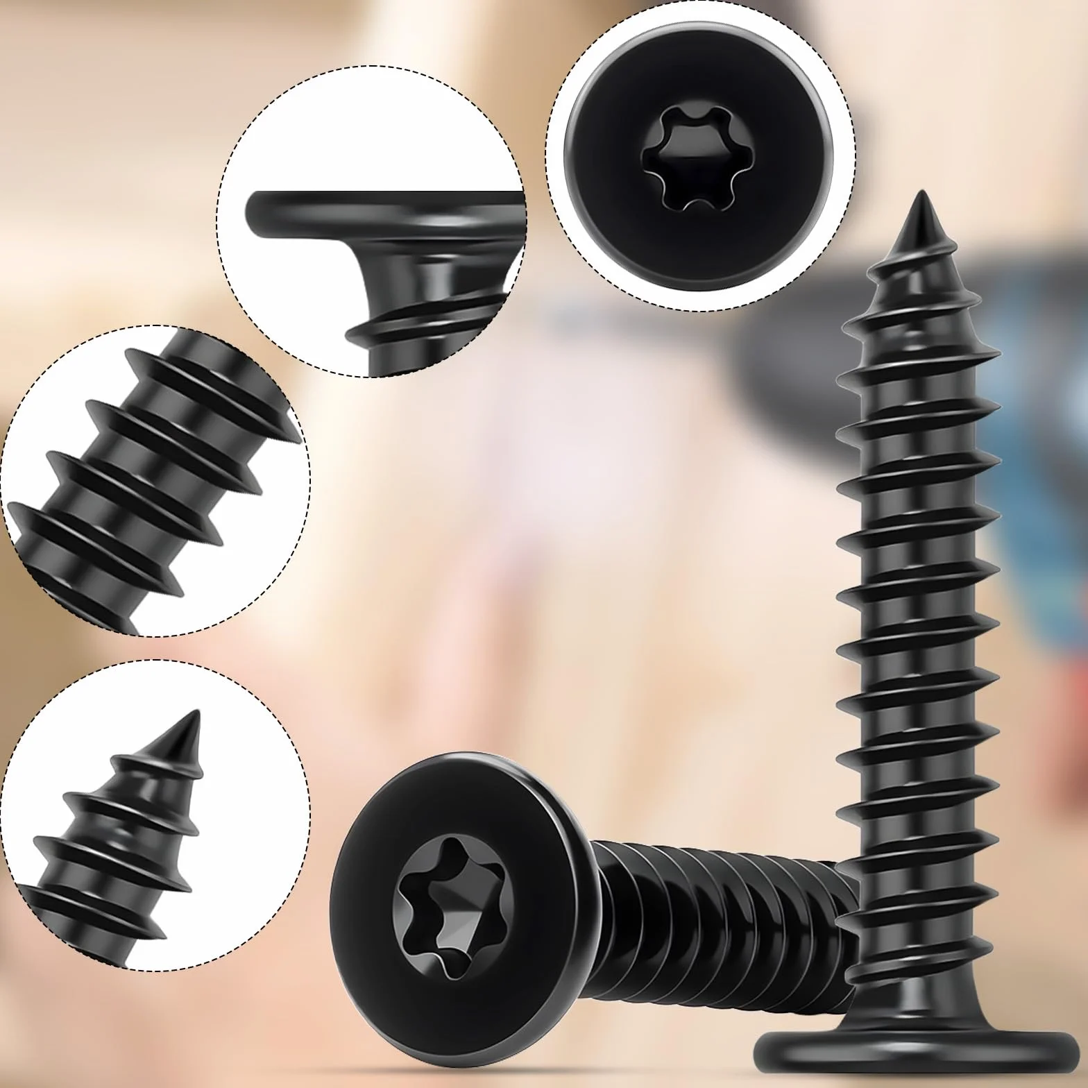 Wkręty do drewna M4 x 10 mm, stal nierdzewna, 100 sztuk, wkręty samogwintujące Torx, czarne, śruby ze stali nierdzewnej, wkręty do drewna, wkręty z płaskim łbem