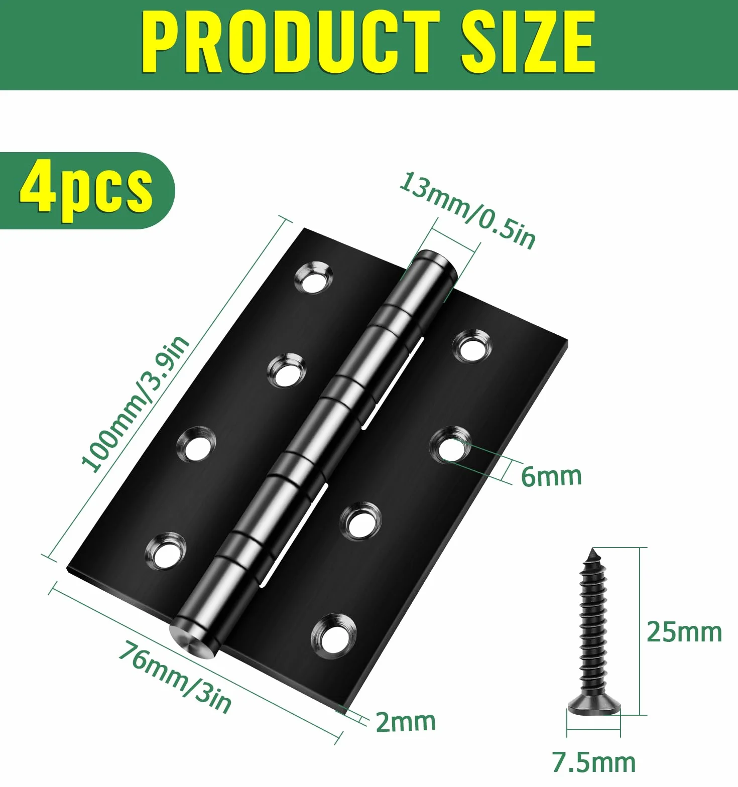 4 zawiasy do dużych obciążeń 100 × 76 × 13 mm, Bolatus zawiasy składane, czarne, z 8 otworami, zawiasy do drzwi z łożyskiem kulkowym, stal nierdzewna ze śrubami, zawiasy do masywnych drzwi, bramy