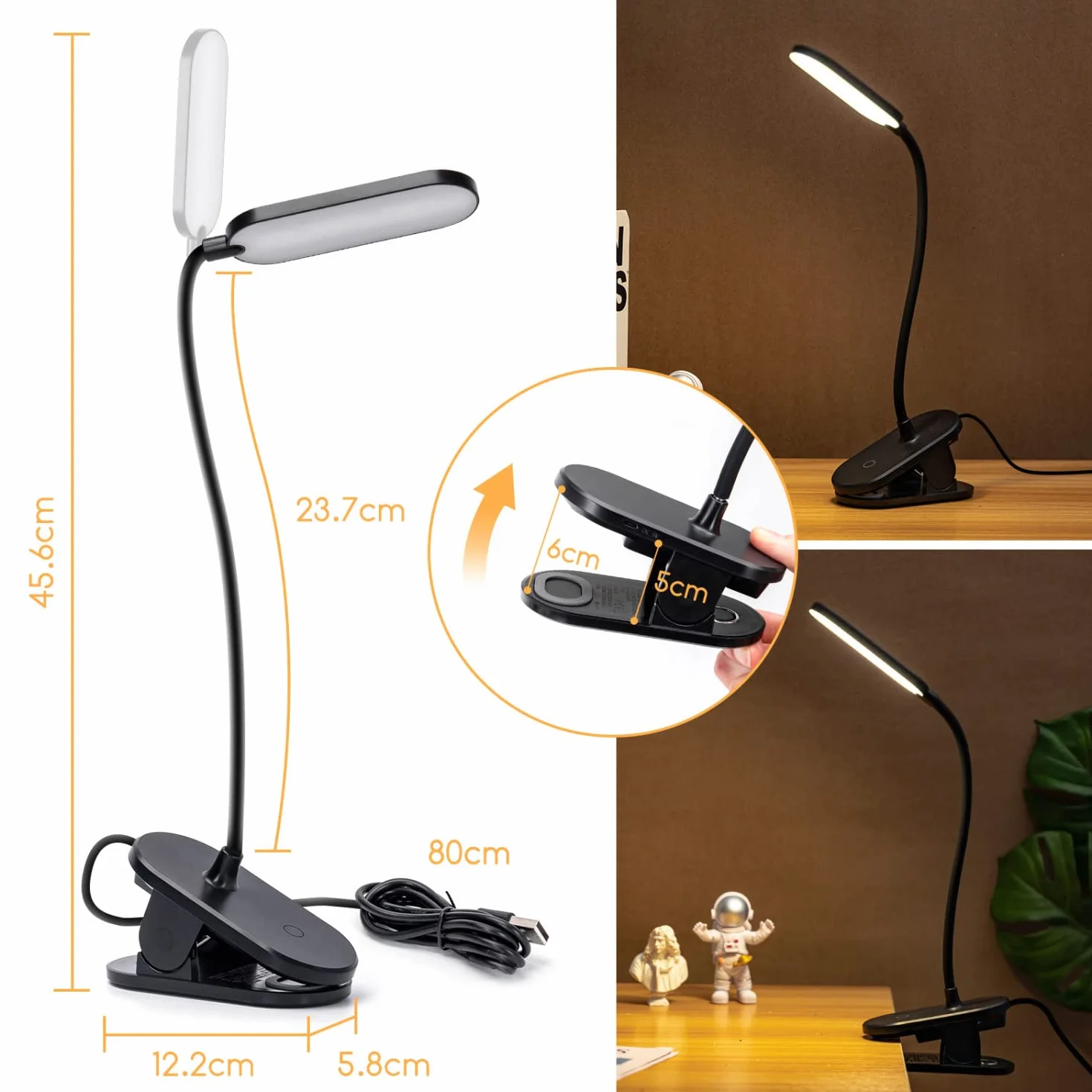 Aigostar Lampa do Czytania z Klipsem - Lampka Nocna LED Zasilana USB (Bez Baterii), 3 Poziomy Jasności, Elastyczne Ramię 360°, Ochrona Oczu 4000K, Idealna do Łóżka i Biurka, Czarna