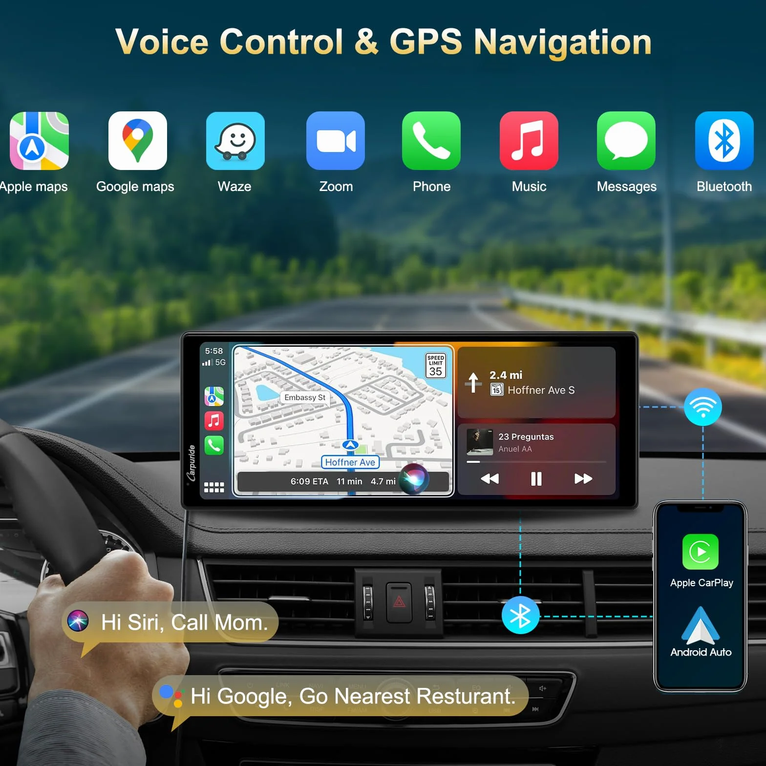 Carpuride C92 Bezprzewodowe radio samochodowe 9,3" ekran dotykowy CarPlay Android Auto Bluetooth