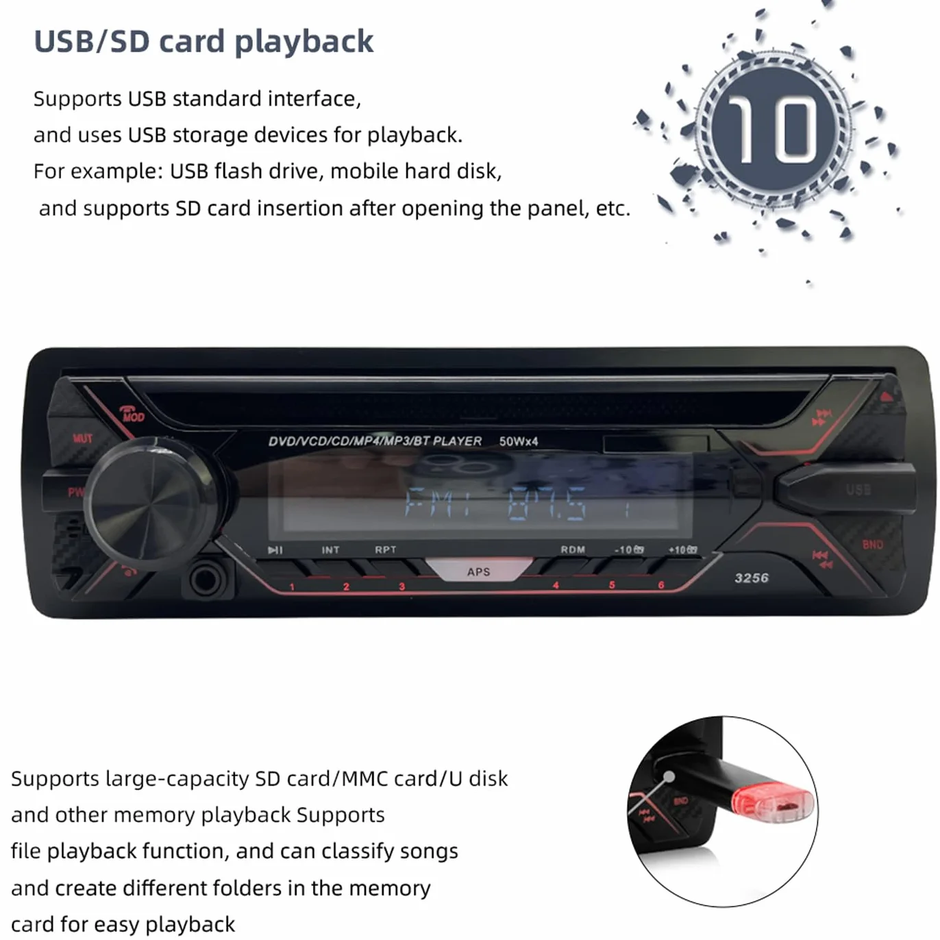 Radio samochodowe 1 Din Bluetooth MP3 z odłączanym panelem Autoradio FM AUX USB SD CD