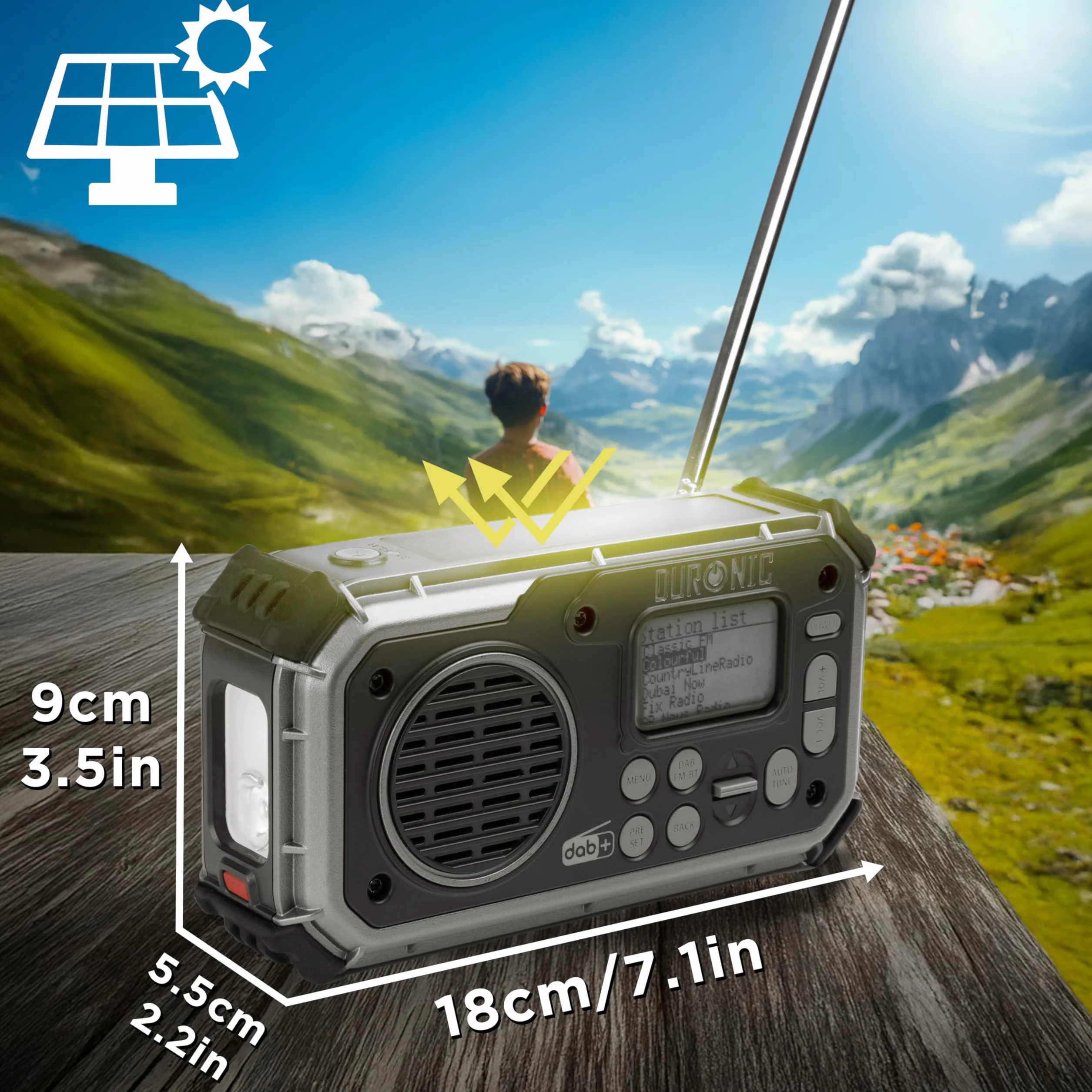 Duronic SDAB1 Radio solarne z dynamem awaryjne pogodowe DAB FM AM USB A C powerbank latarka