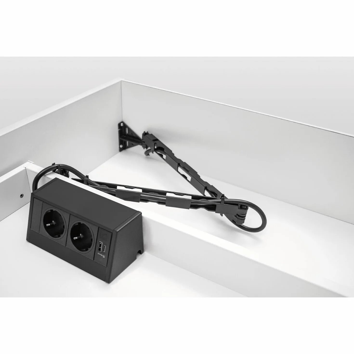 Evoline Gniazdko wtykowe R-Dock do szuflady z prowadnicą kabla Evoline Wing - 2 gniazdko z USB A+C, czarne 230 V