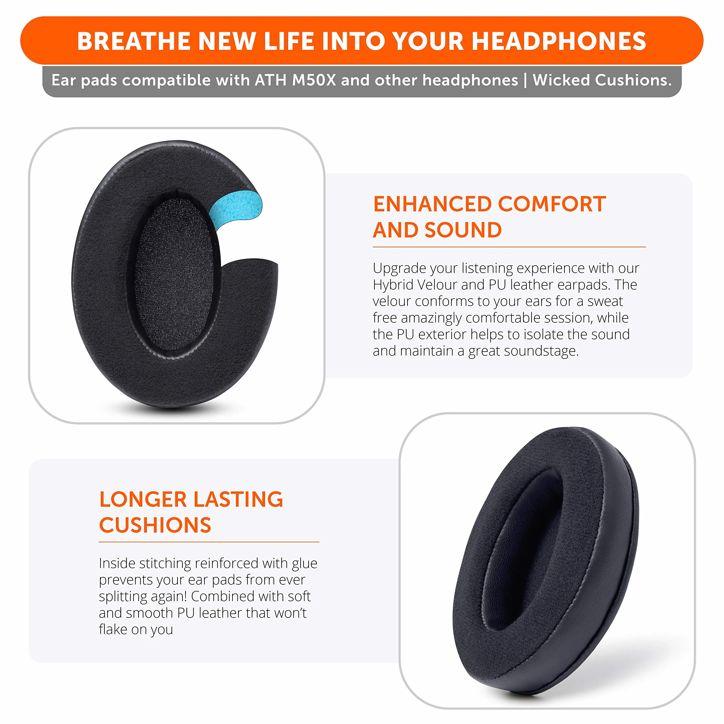 WC PadZ Velour - Ultimate Upgraded Earpads by Wicked Cushions - Kompatybilne z Audio Technica, HyperX, SteelSeries Arctis & More - Extra Thick - Bigger Opening - Softer Memory Foam | (Black)