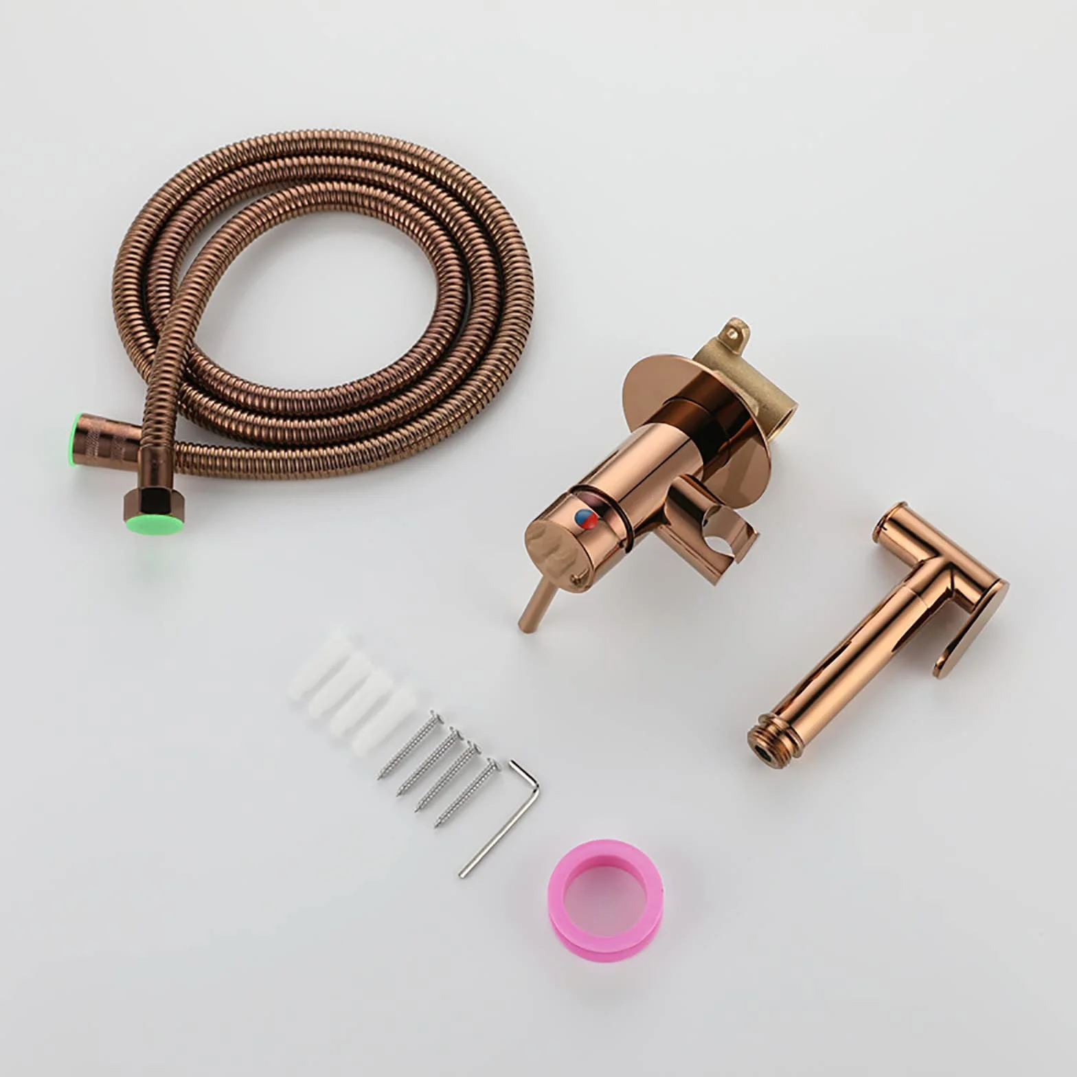Rose Gold Handheld Bidet Zestaw opryskiwaczy z montażem ściennym Pojedynczy uchwyt mosiężna bidet zestaw rozpylaczy dla pieluszek zawiera 150 cm wąż prysznicowy i okrągłą głowę LWX