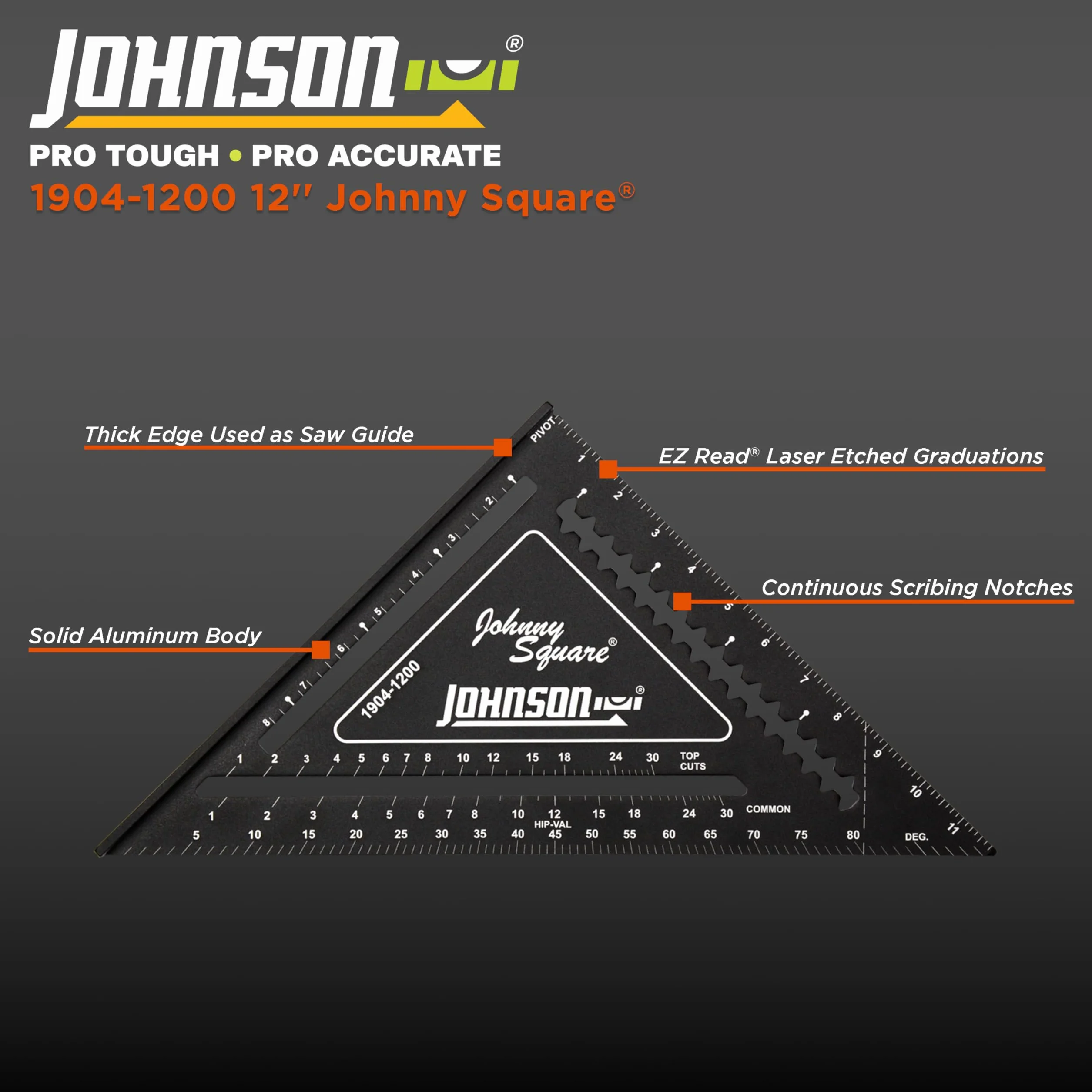 Johnson Level & Tool 1904-1200 Johnny Square profesjonalny łatwy do odczytania aluminiowy kwadrat krokwi, 30 cm, czarny, 1 kwadrat