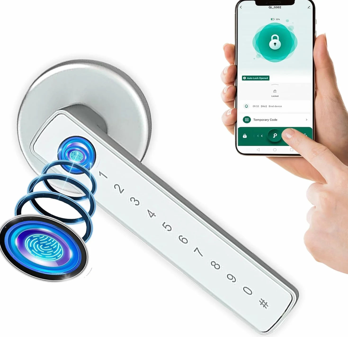 Zamek do drzwi z odciskiem palca, Smart Lock, elektroniczny zamek do drzwi wewnętrznych o grubości 35-55 mm, inteligentny zamek do drzwi, sterowany za pomocą aplikacji, z rozetą i 2 kartami