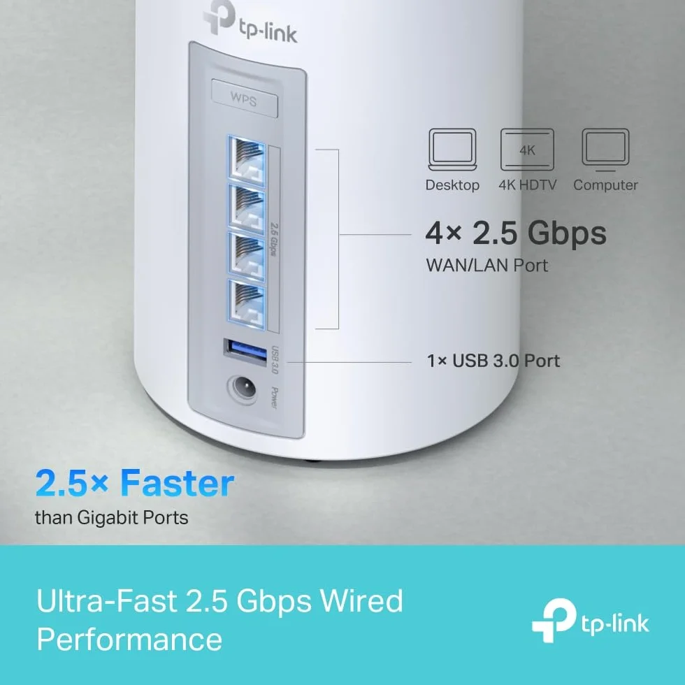 TP-Link Deco BE65 Wi-Fi 7 Mesh WLAN Set (3 szt.) Tri-Band 6G 320 MHz MLO 4x 2.5 G port USB 3.0 WPA3 Biały