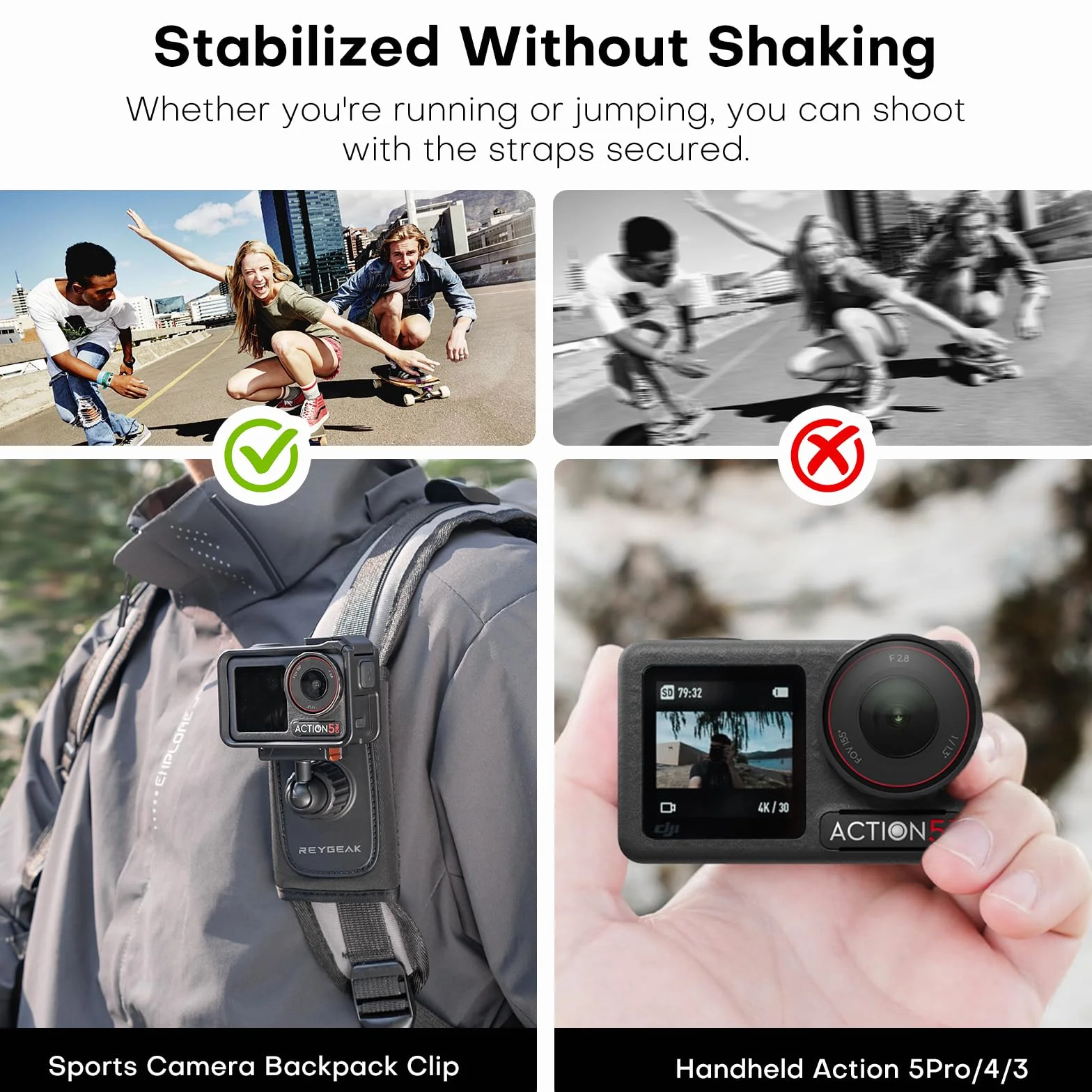 REYGEAK Uchwyt na ramię do plecaka DJI OSMO Action 5 Pro/Action 4/Action 3, z regulowaną wyściółką na ramię, system mocowania paska