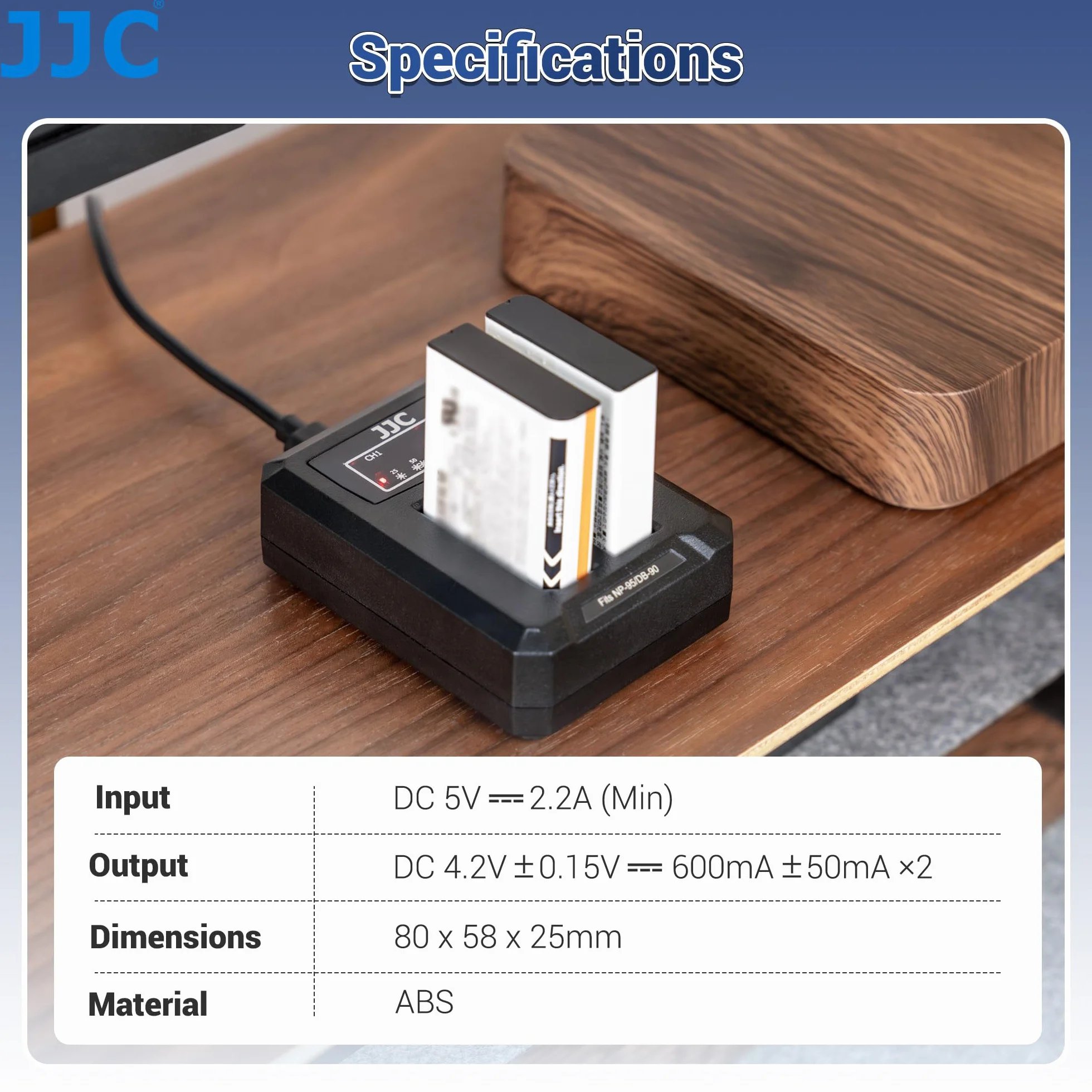 JJC Ładowarka podwójna baterii USB-C z kablem ładującym, kompatybilna z aparatami Fujifilm X-E5 X-E4 X-E3 X-E2 X100VI X100V X-Half X-PRO3 X-PRO2 X-T50 X-T30II X-T30 zamiennik Fuji NP-W126/NP-W126s