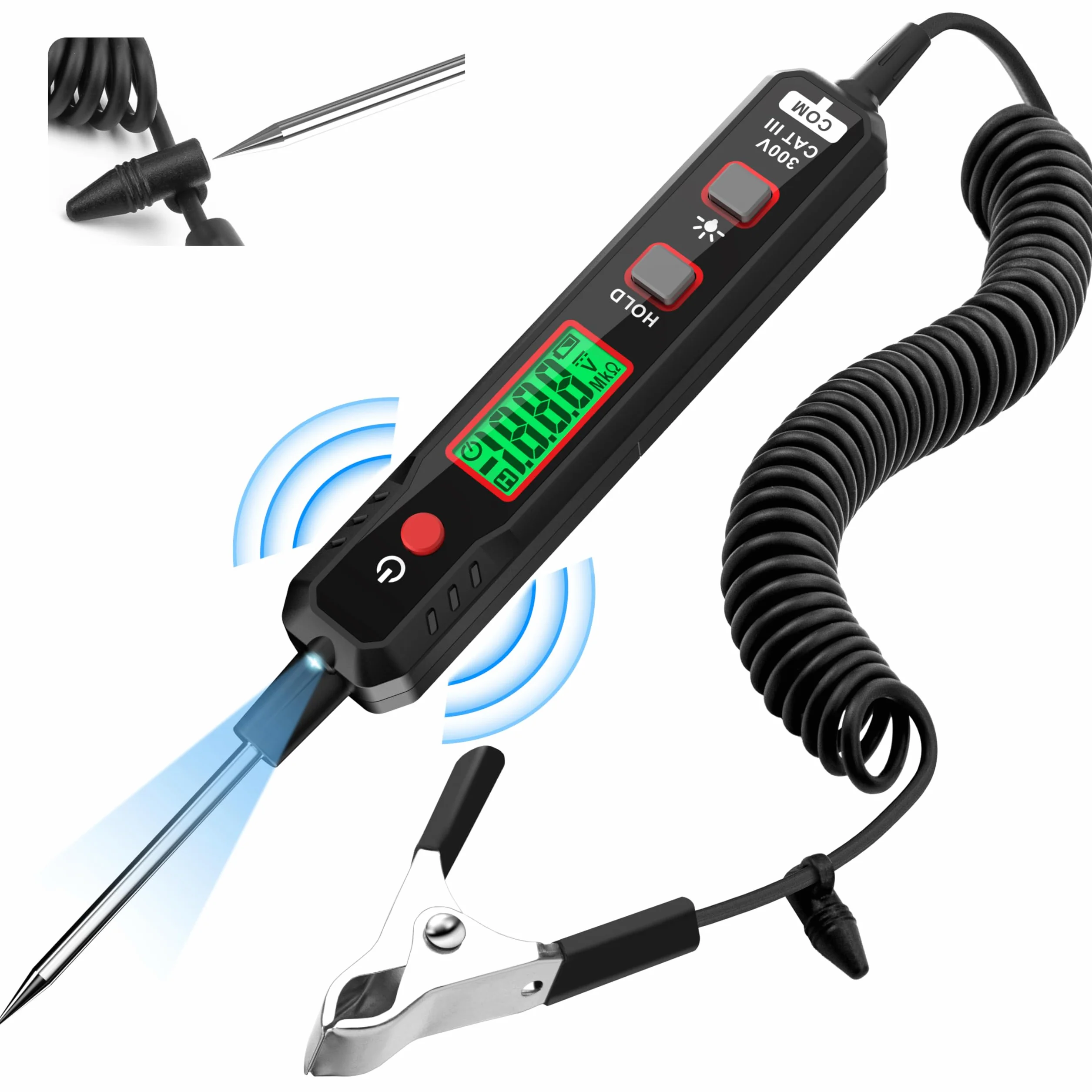 KAIWEETS Inteligentny tester napięcia w samochodzie, tester napięcia 0.8V-100V DC z podświetleniem, cyfrowa lampa testowa samochodu z latarką mierzy ciągłość biegunowości, lampa testowa do akumulatora samochodowego