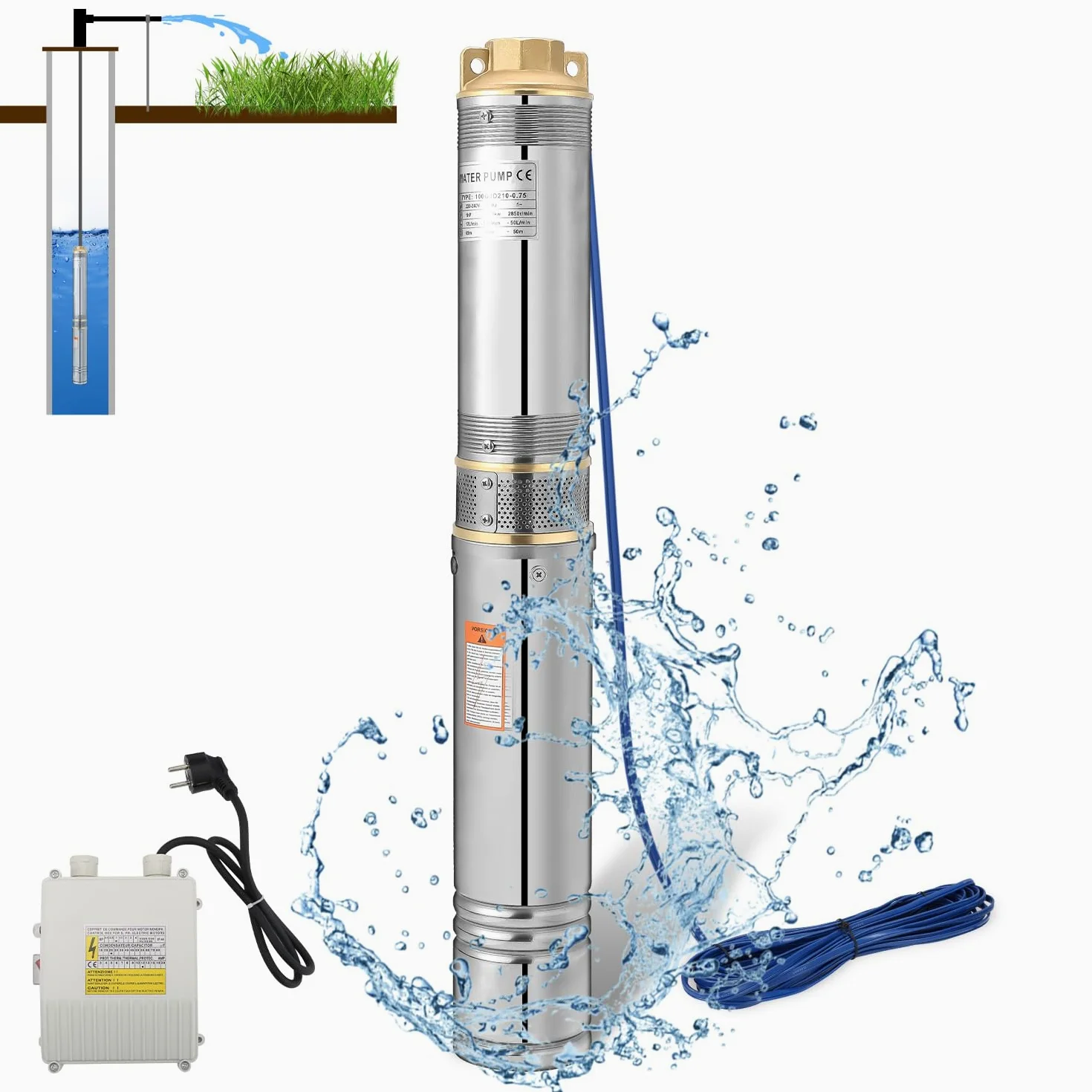 Herrselsam Pompa głębinowa, 4000 l/h, 370 W, ze stali nierdzewnej, odporna na piasek, pompa zanurzeniowa z kablem przyłączeniowym 20 m, ciśnienie 3,4 bar, wysokość dostawy maks. 34 m