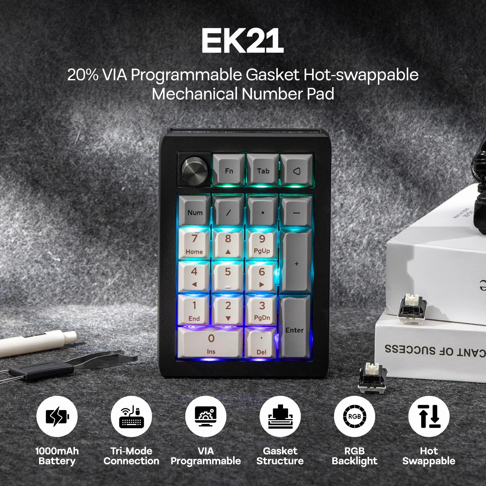 EPOMAKER EK21 VIA Gasket Numpad 1000 mAh BT 5.0 2,4 GHz przewodowy Hot-Swap programowalny Win Mac Gaming