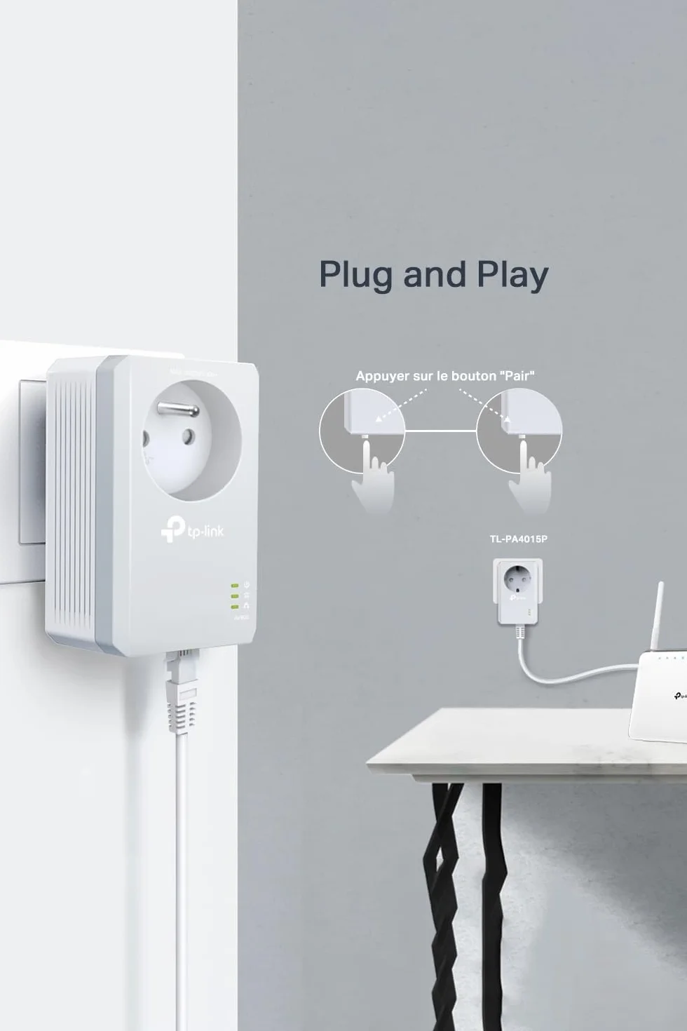 TP-Link TL-PA4015P (FR) Gniazdo CPL 600Mbps Homeplug AV2 Wbudowane Gniazdo Zasilania Port Ethernet OneMesh