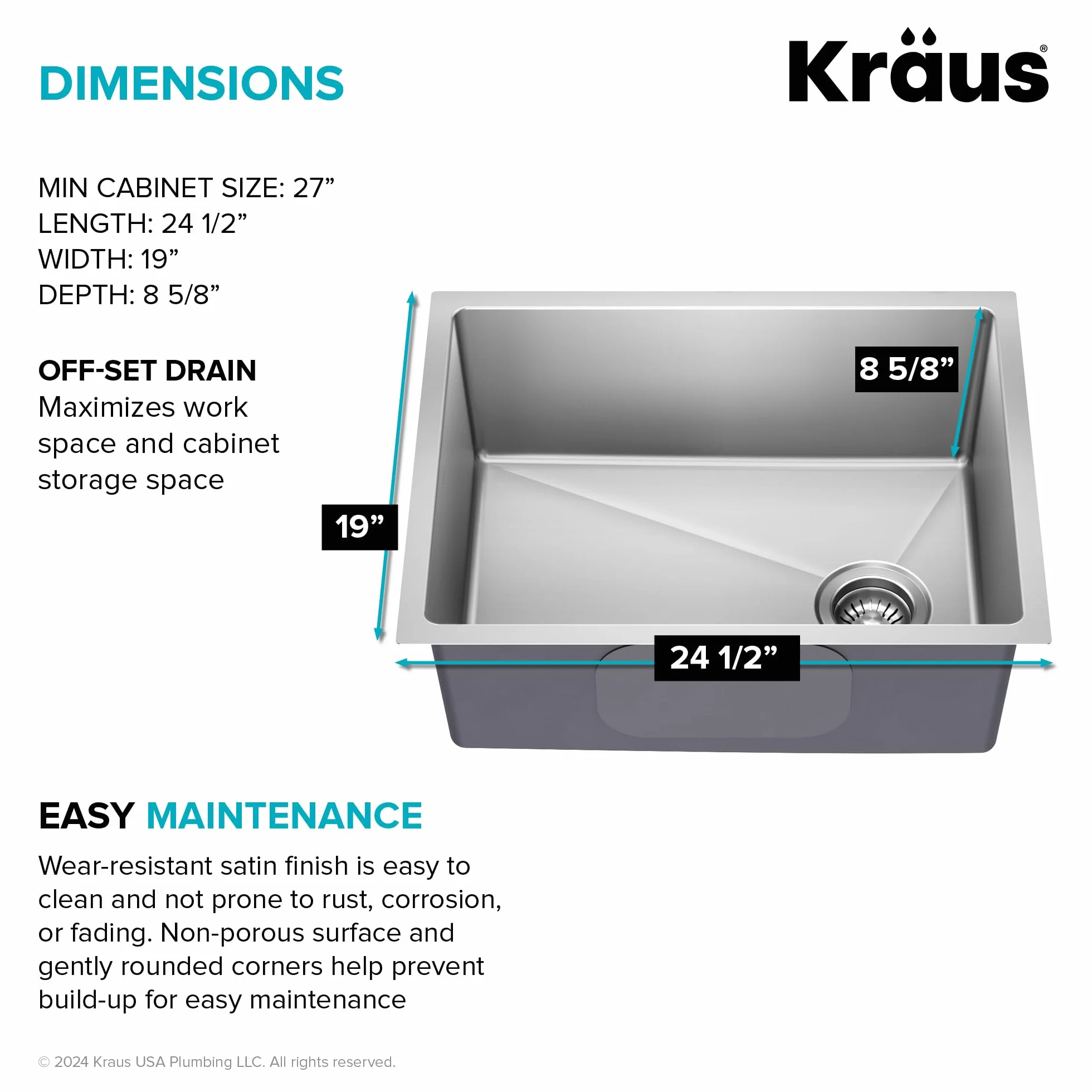 KRAUS KHU641-25 Fairlane Wpuszczany pod blat zlew kuchenny ze stali nierdzewnej o grubości ok. 1,2 mm, pojedyncza komora, 63,5 cm