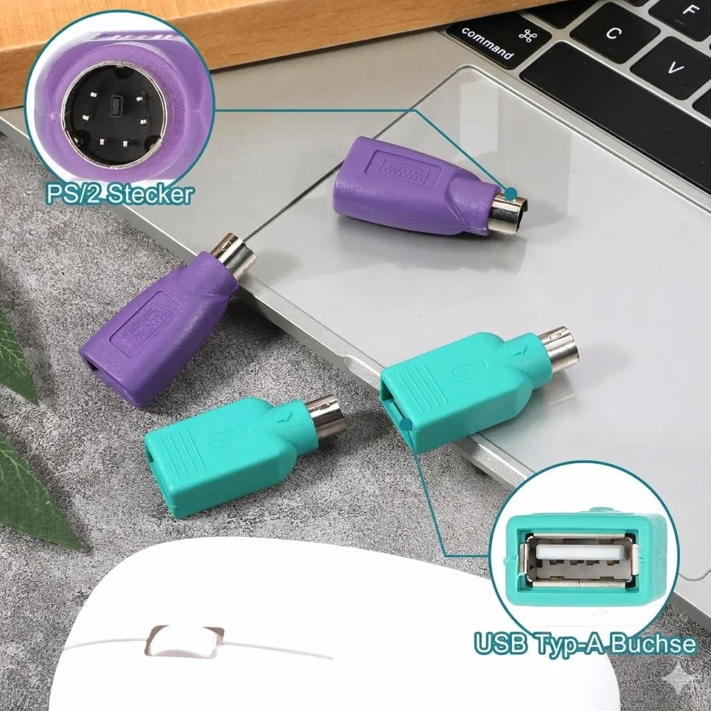 Zestaw 4 adapterów PS2 na USB A, konwerter myszy i klawiatury, gniazdo PS/2 na USB-A