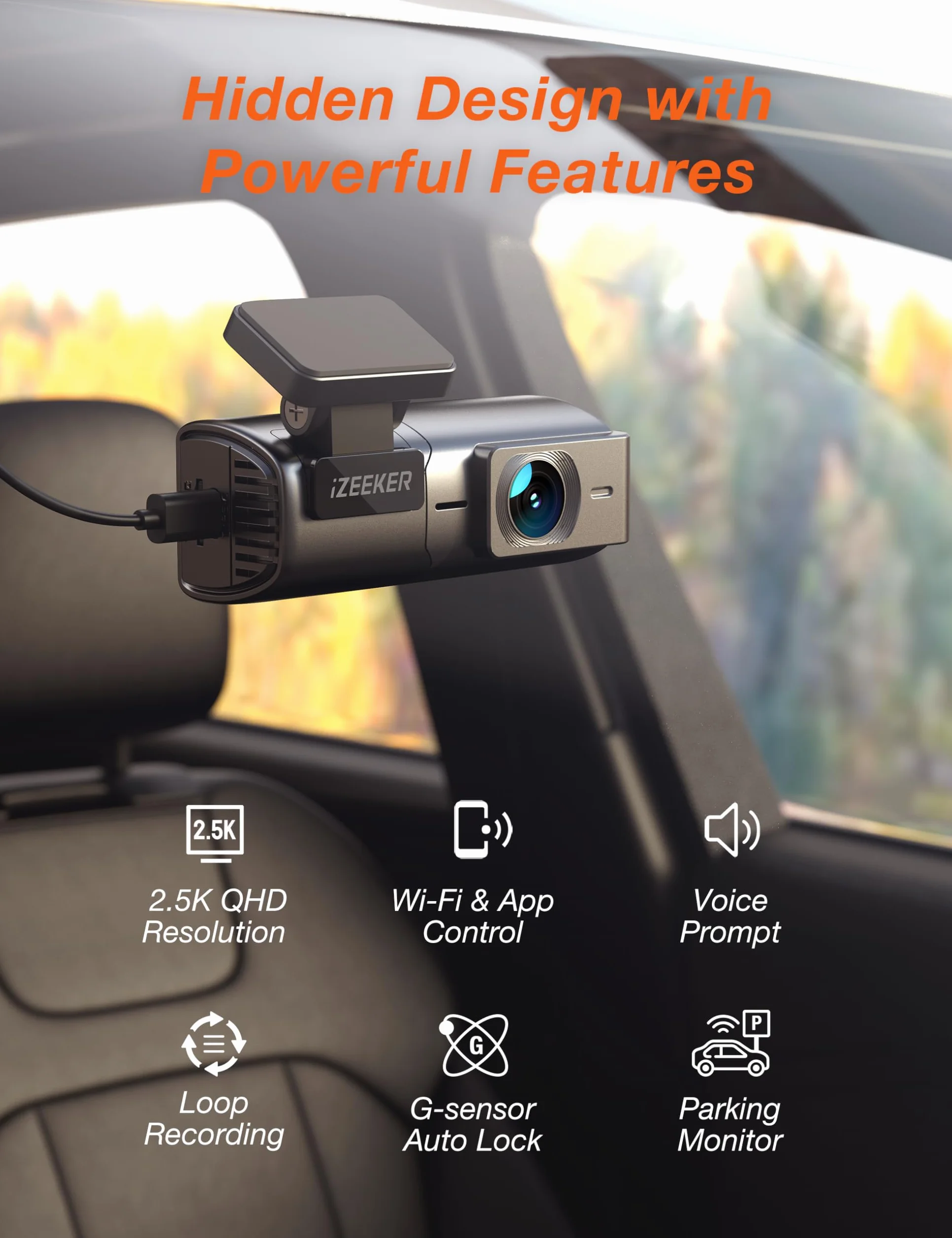 iZEEKER Kamera samochodowa 2,5K WiFi Dashcam 1440P z aplikacją, noktowizor WDR, czujnik G, nagrywanie w pętli