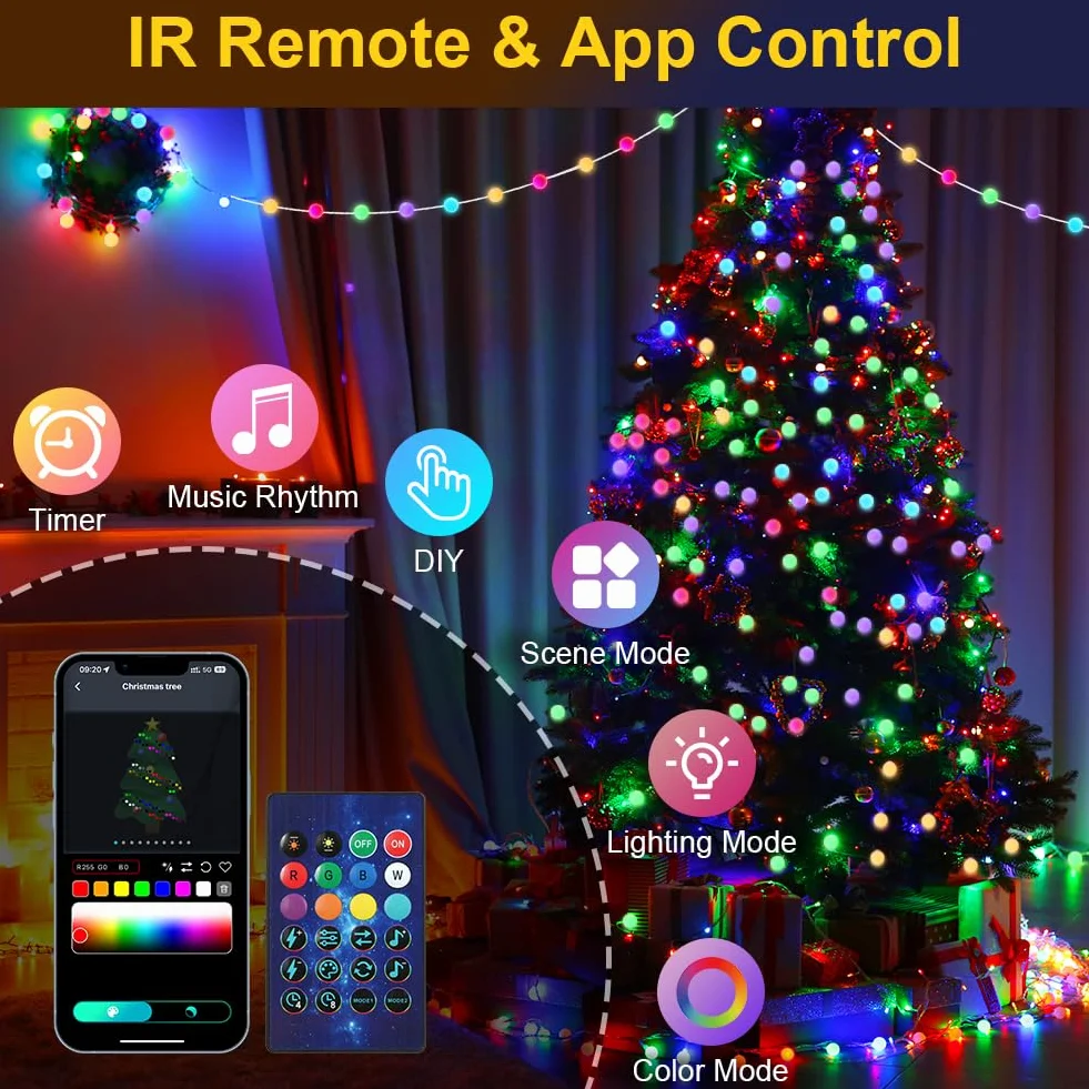 AUAUY Smart Globe String Lights, 10M 66 LED Outdoor/Indoor String Lights, Zmiana koloru, Zasilane przez USB, z aplikacją, Dekoracja na imprezę Halloween, Boże Narodzenie