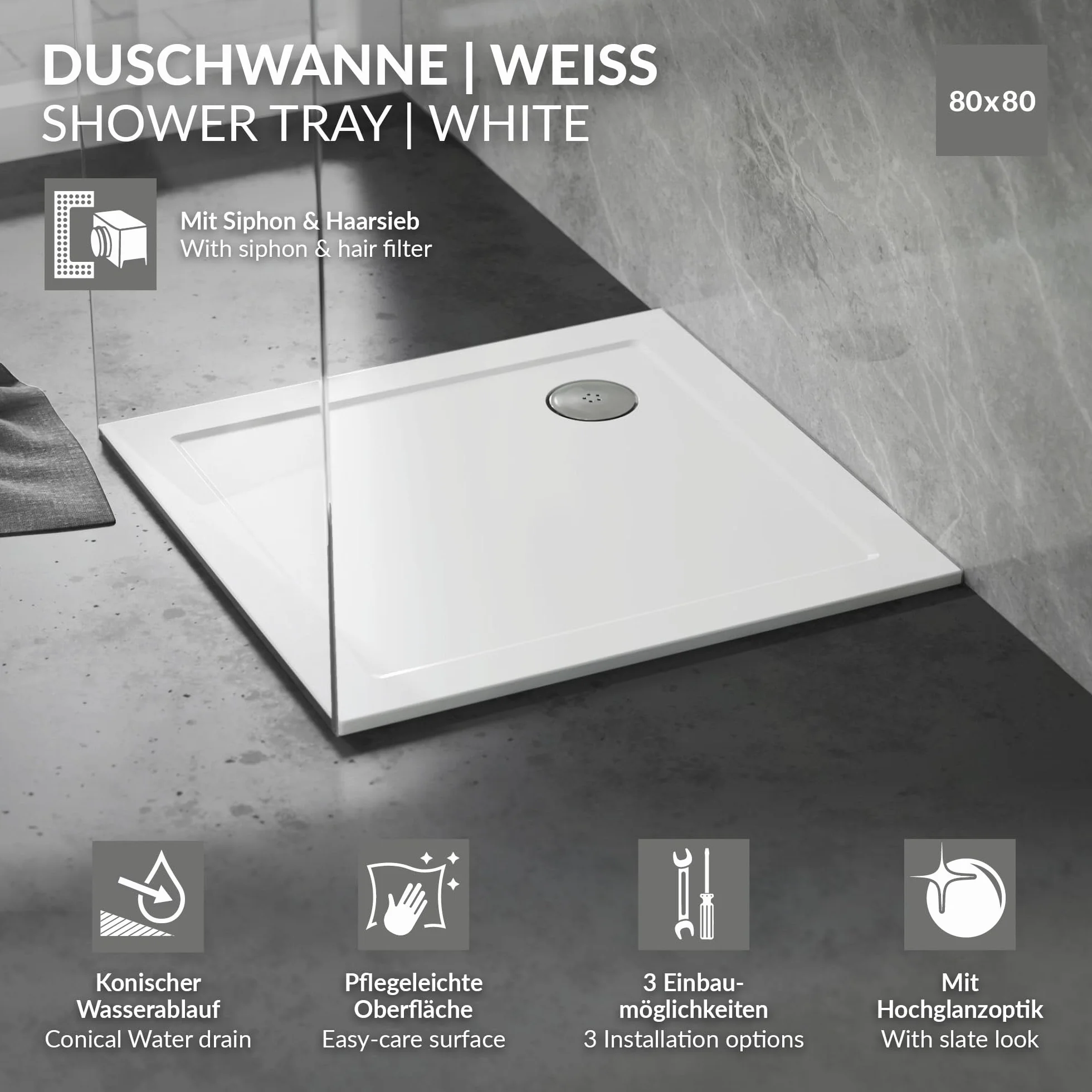 LuxeBath Brodzik Prysznicowy 80 x 80 cm Biały, Kwadratowy Wysokość z Syfonem i Odpływem, Ultrapłaski Brodzik z SMC, Wysokość 40 mm, Promień 55 cm, Wysoki Połysk, Narożny, Do Kabiny Prysznicowej