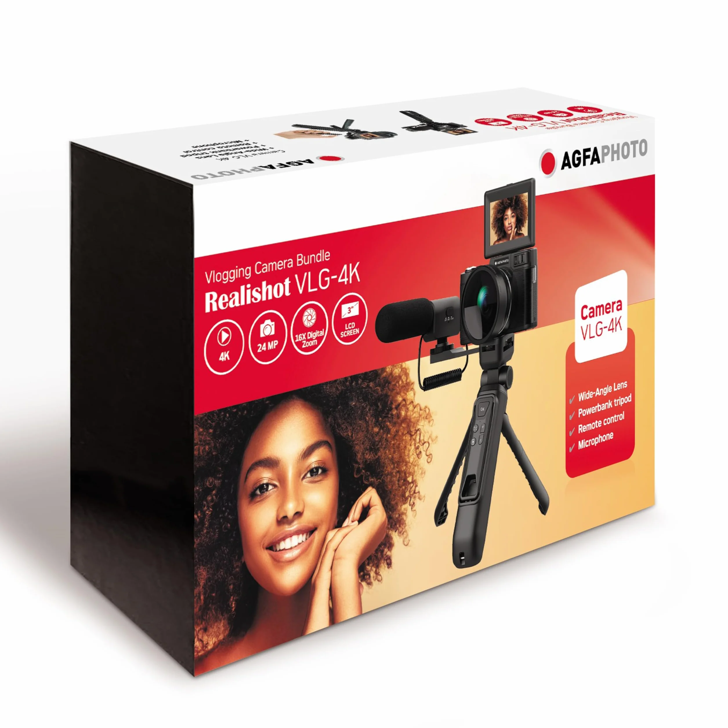 AgfaPhoto Realishot VLG-4K kamera 24 MP 4K 3-calowy ekran LCD 16-krotny zoom cyfrowy czujnik CMOS czarny