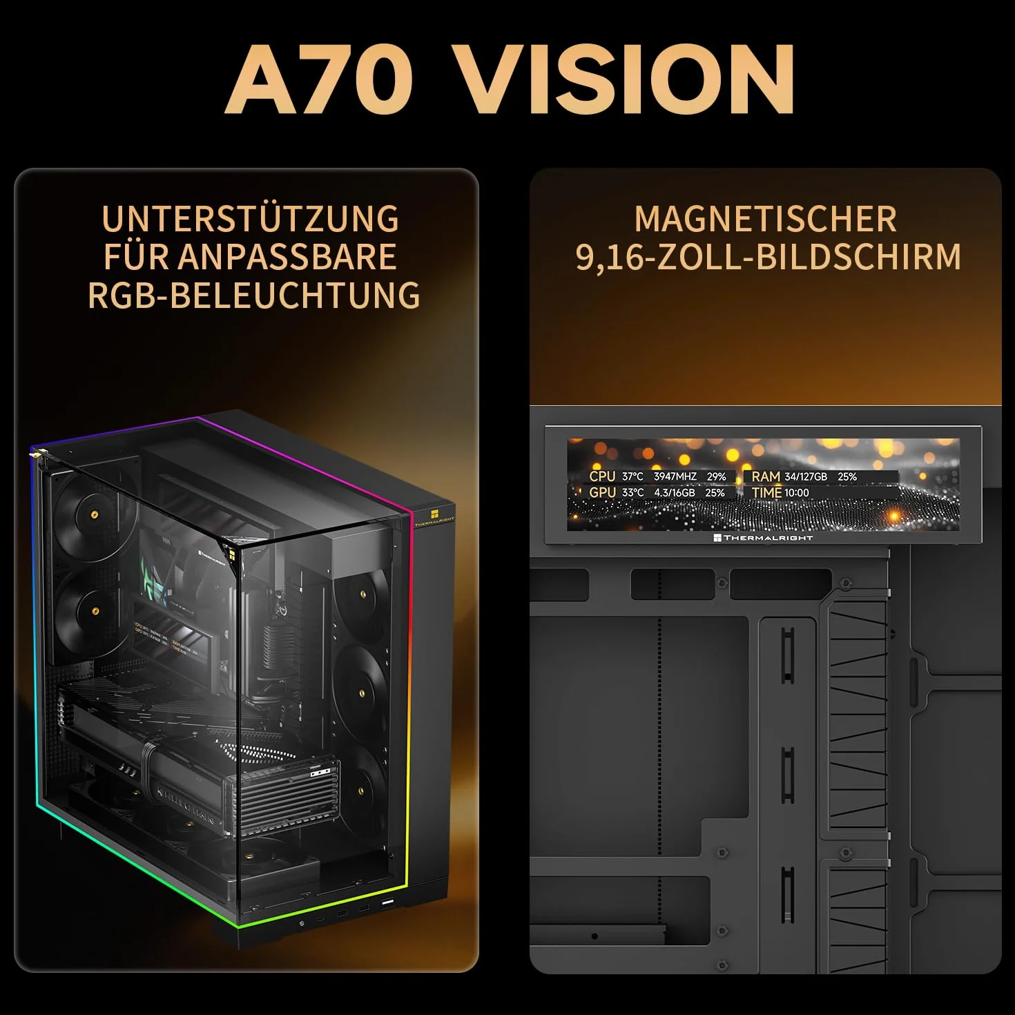 Thermalright TR A70 Vision obudowa gamingowa ATX, 8 gniazd wentylatorów, wyświetlacz LCD 9,16 cala