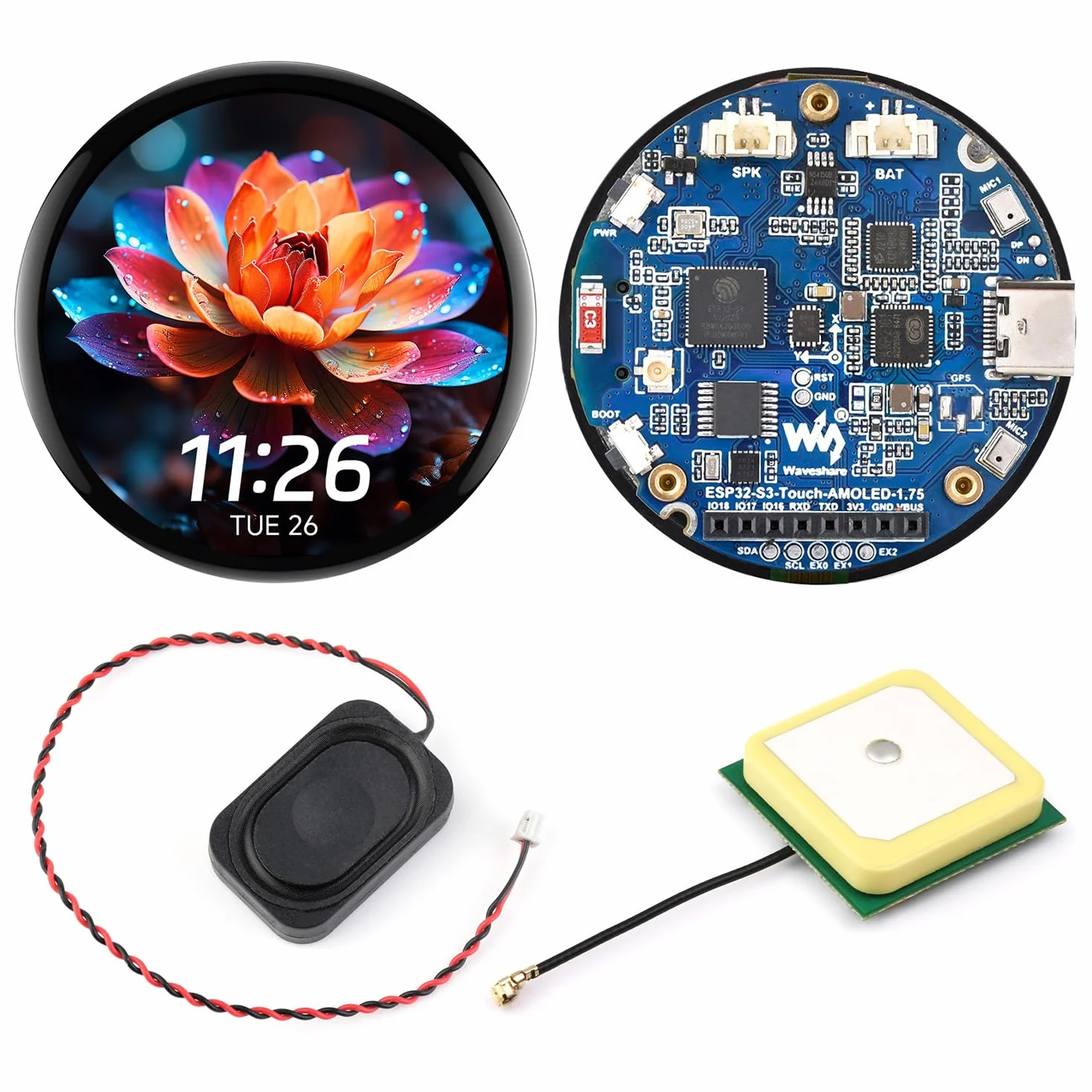 Waveshare ESP32-S3 1.75inch AMOLED Round Touch Display Development Board GPS Version 32-Bit LX7 2-Core 466x466